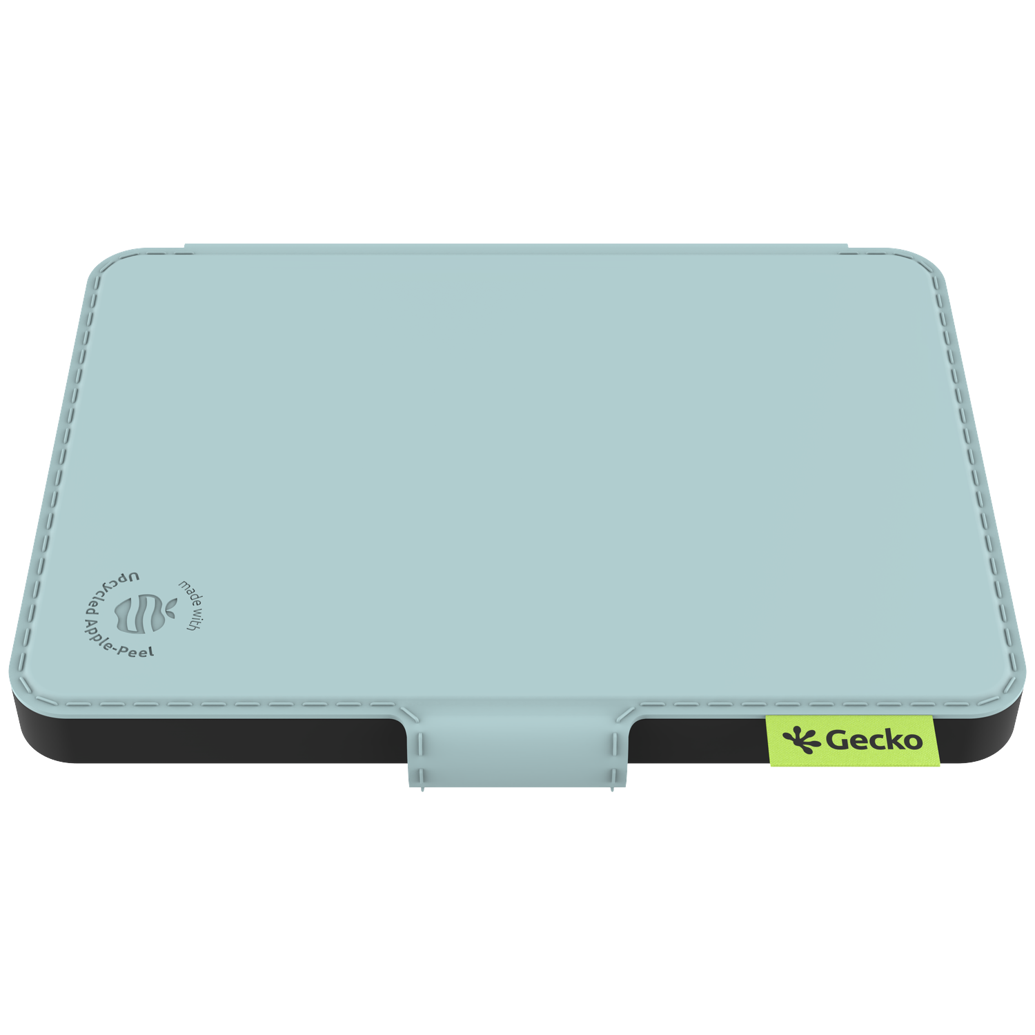 A rectangular tablet case. It's light blue with a black border. A green Gecko tag is on the right. The case says it is made with Apple-peel.