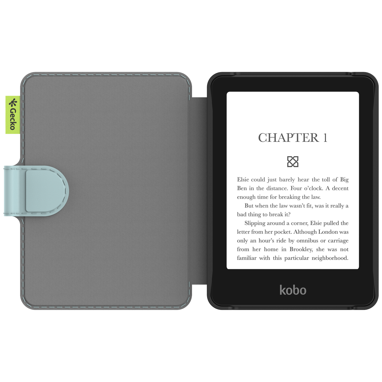 An open e-reader with a gray cover and a light blue clasp. The screen displays text with the 'kobo' logo at the bottom.
