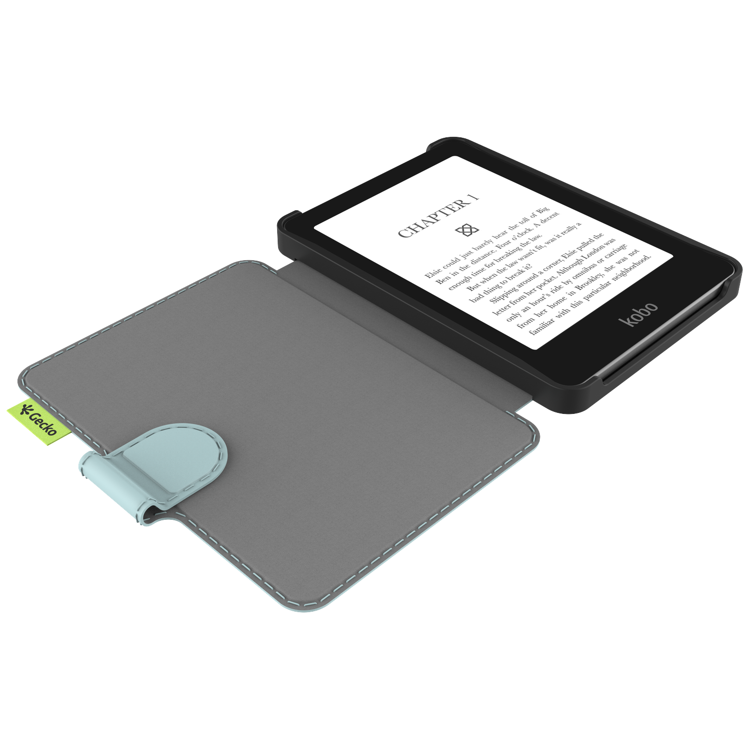 An e-reader with a screen displaying text, next to a gray case with a light blue clasp, with the brand name Gecko.