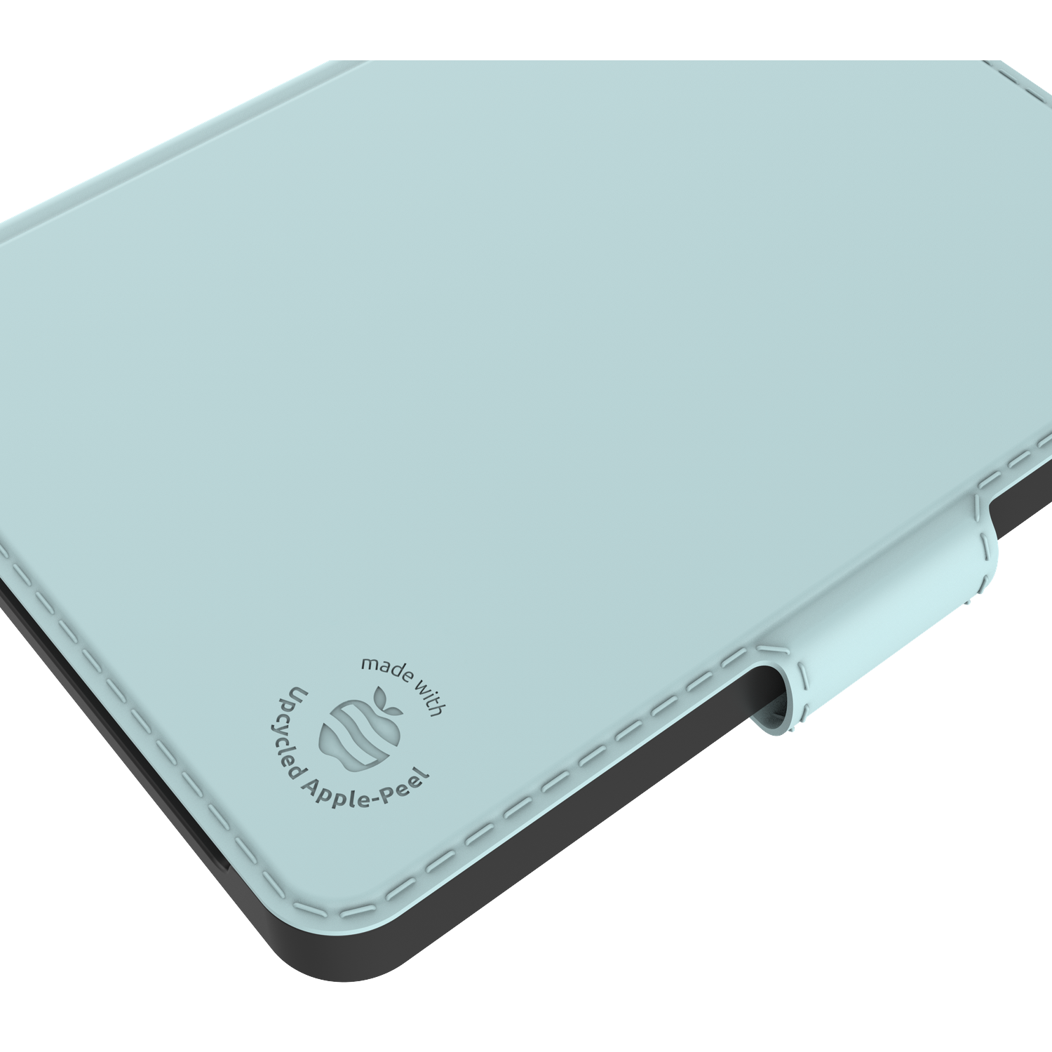 A light blue tablet case with a black border. It features the Apple logo and text 'made with upcycled Apple-peel'.