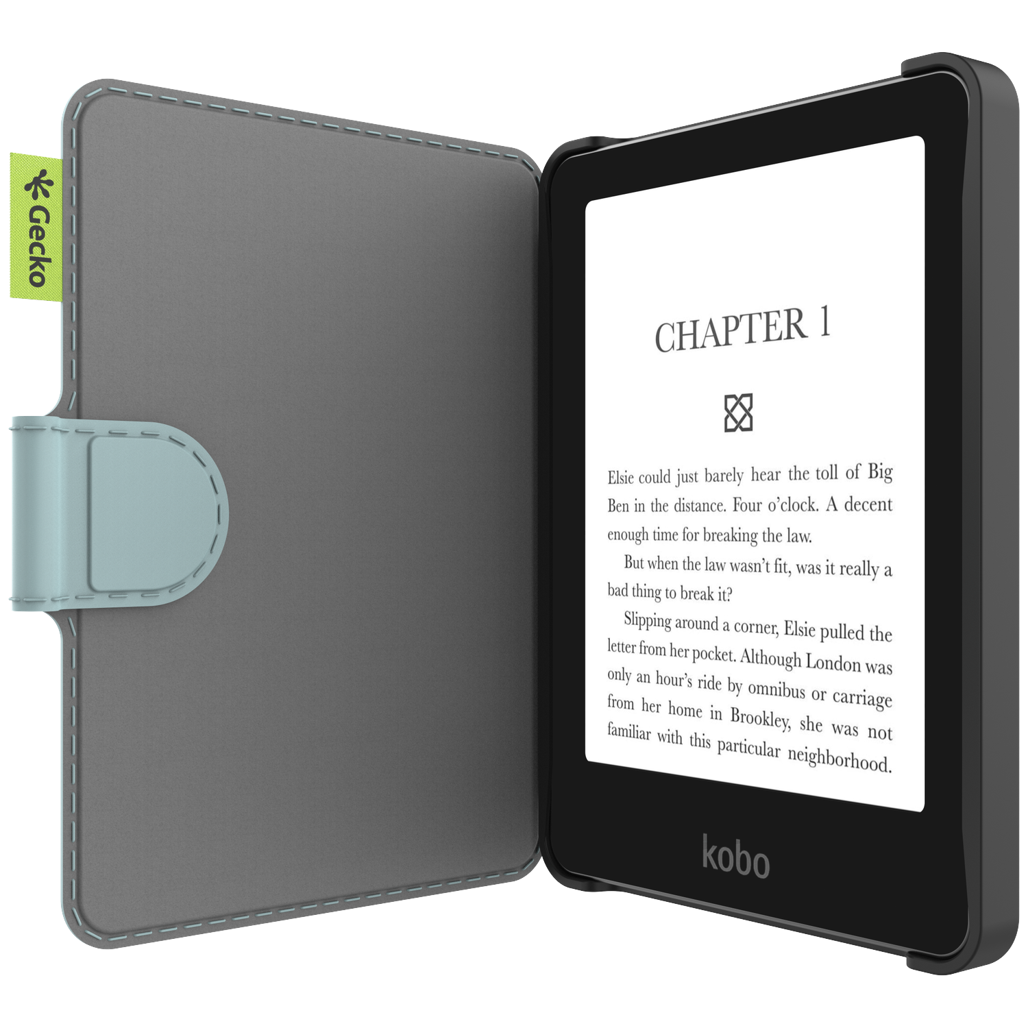 An e-reader is open, displaying text. It's in a gray case with a green Gecko tag. The screen reads 'Chapter 1' and text.