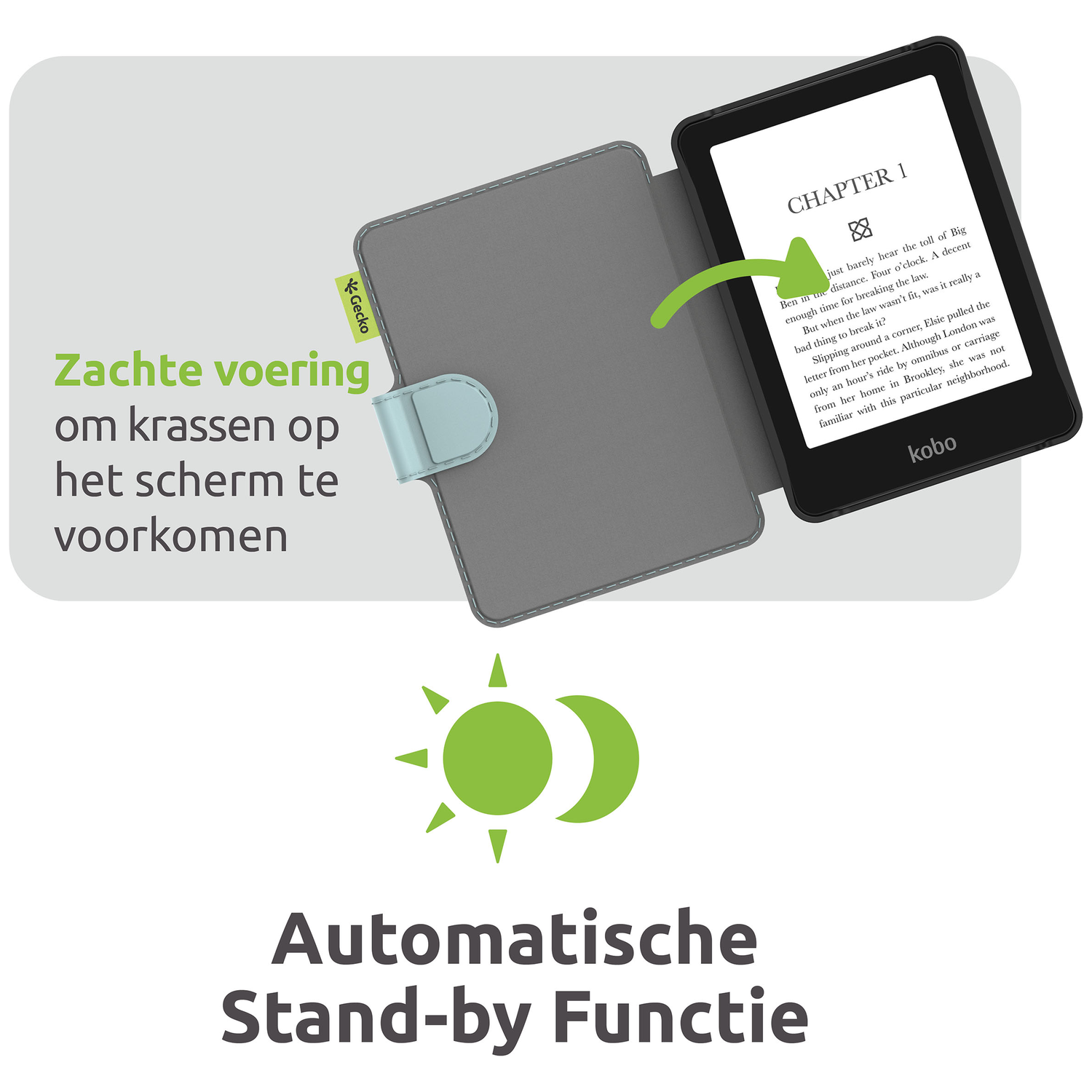 An e-reader with a gray cover is open to Chapter 1. A green arrow points from the cover to the screen. Text below says 'Stand-by'.