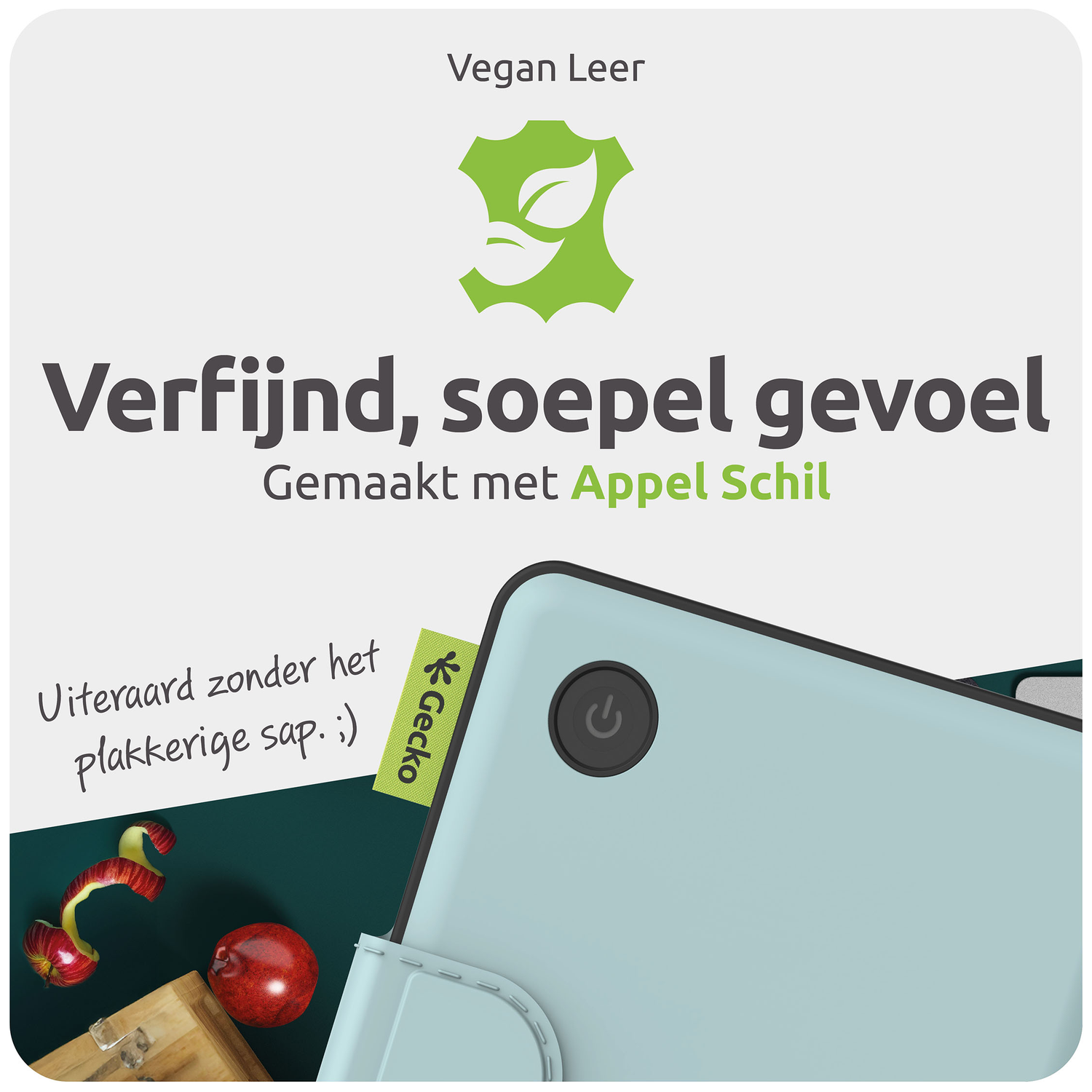 Image shows text about vegan leather made from apple peel, with a phone case and apple slices, and a logo of a green leaf.
