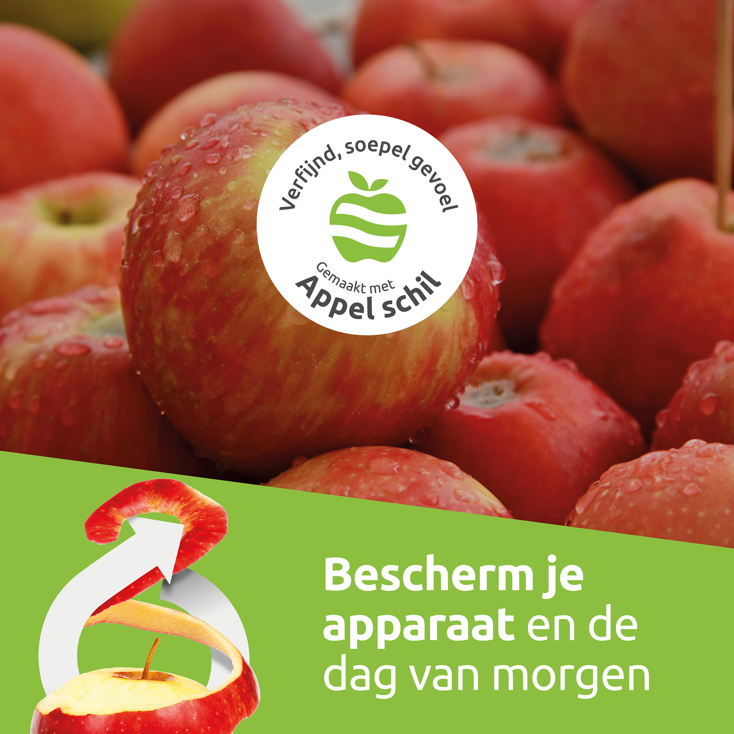 Close-up of red apples with water droplets. A peeled apple with an arrow graphic. Text in Dutch: 'Protect your device and tomorrow'.