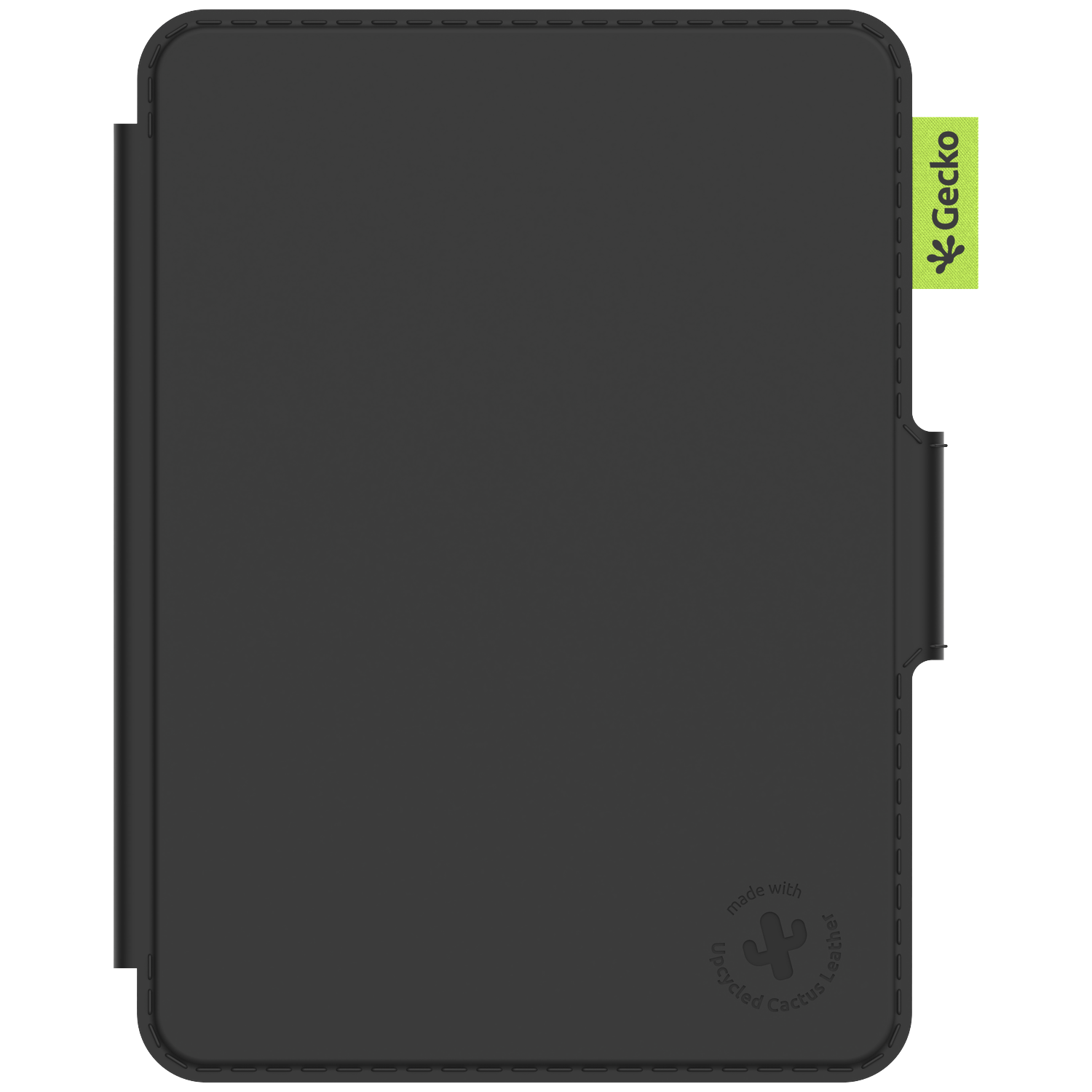 Black tablet case with a green Gecko tag. Includes 'Upcycled Cactus Leather' and a cactus logo.