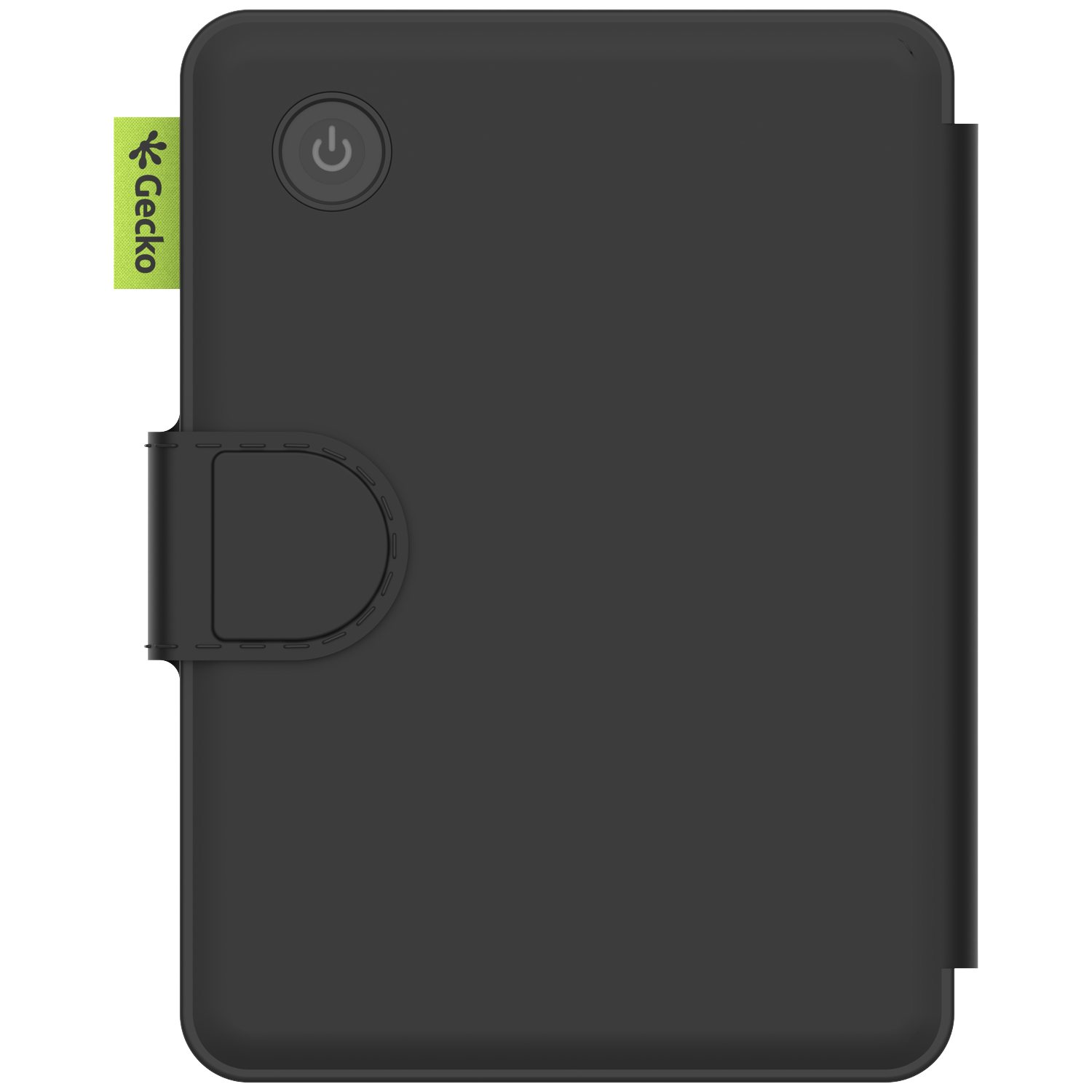 Black tablet case with a power button, a green Gecko label, and a clasp. The background is white.
