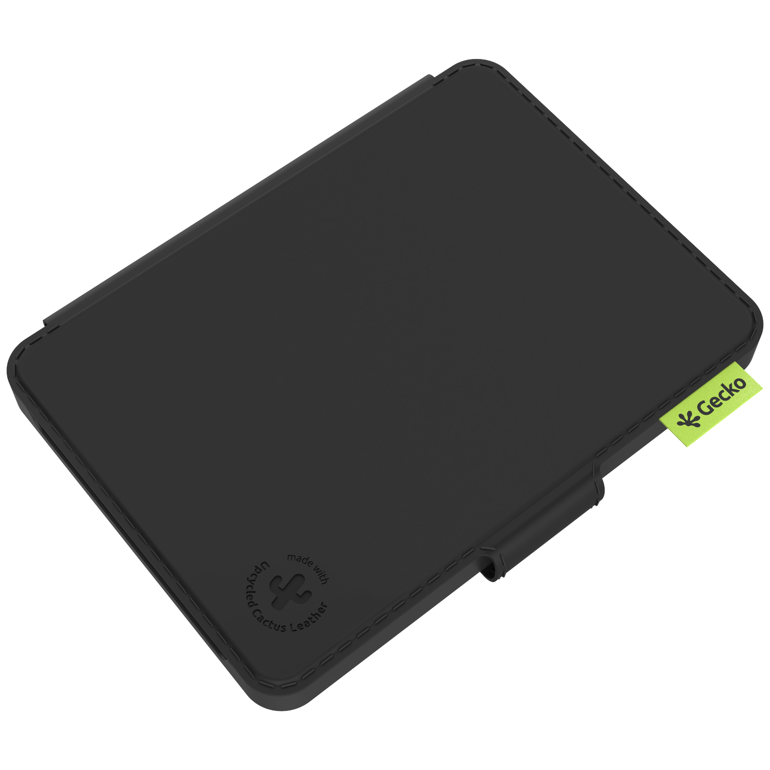 A black tablet case on a white background. It has a green Gecko tag and a 'made with upcycled cactus leather' logo.