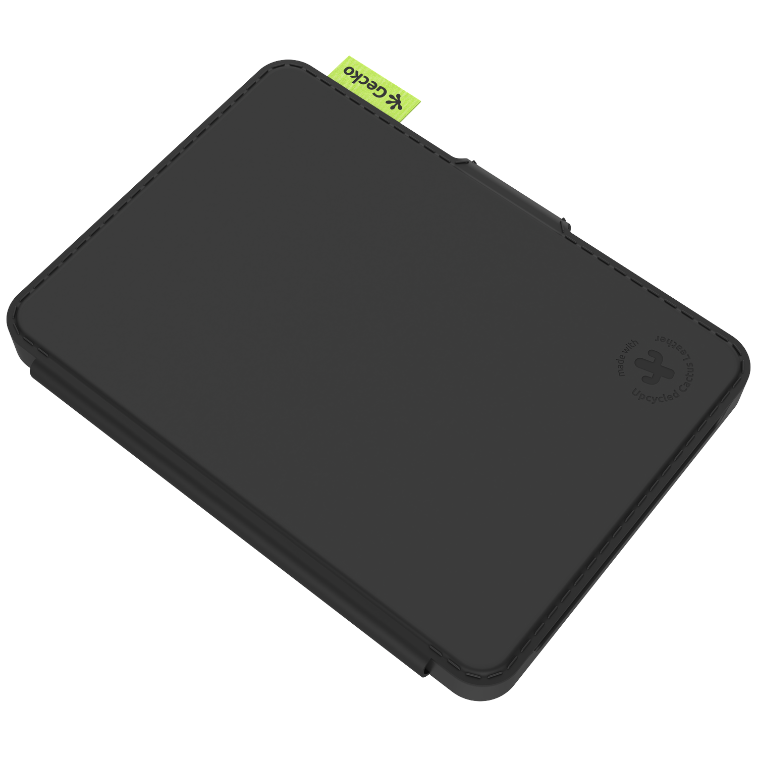 Black tablet case with green Gecko tag. The case has a stitched border and a cactus leather logo.