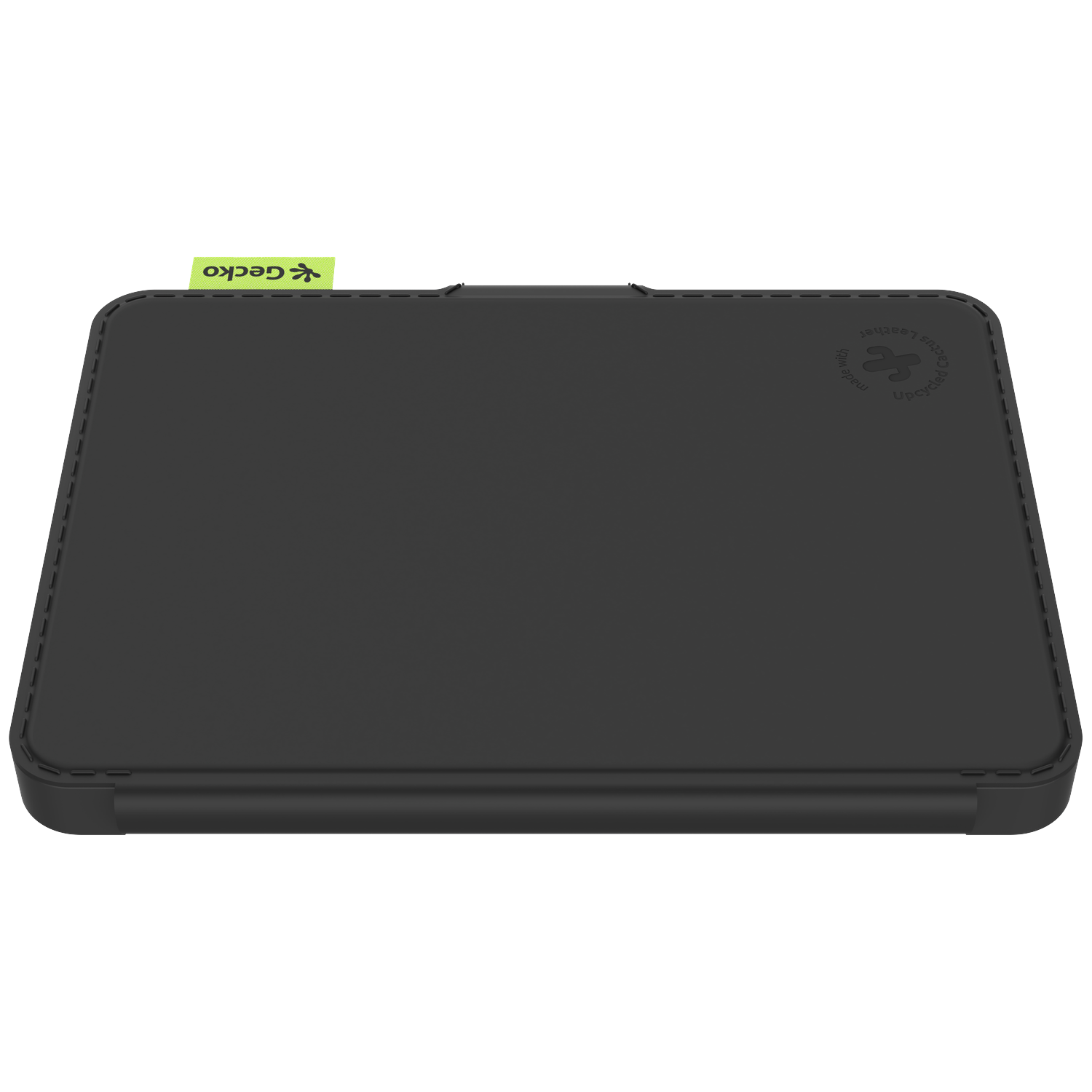 Black tablet case with green Gecko tag. Rounded corners, stitched edges, and a circular logo on the back. Made with recycled cactus leather.