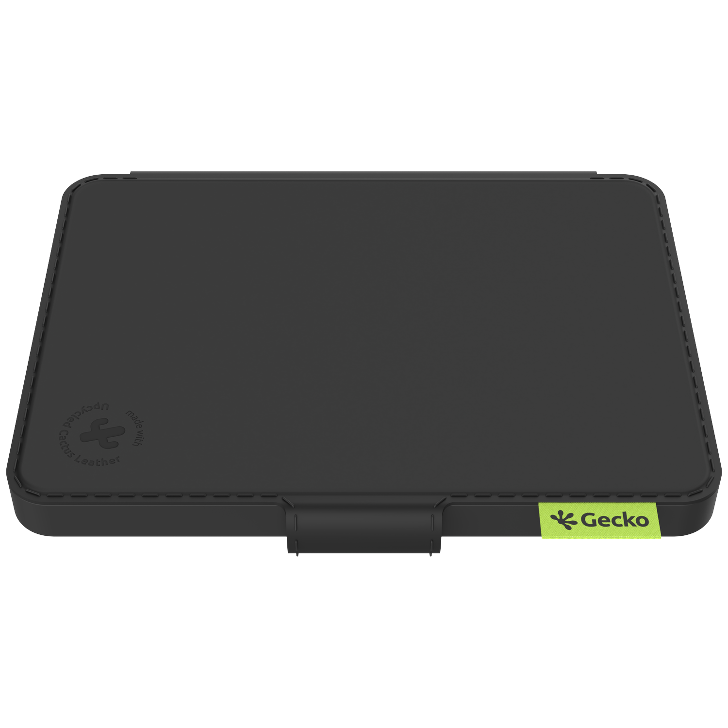 A black square tablet case made of recycled cactus leather with a green Gecko logo and stitching around the edges.