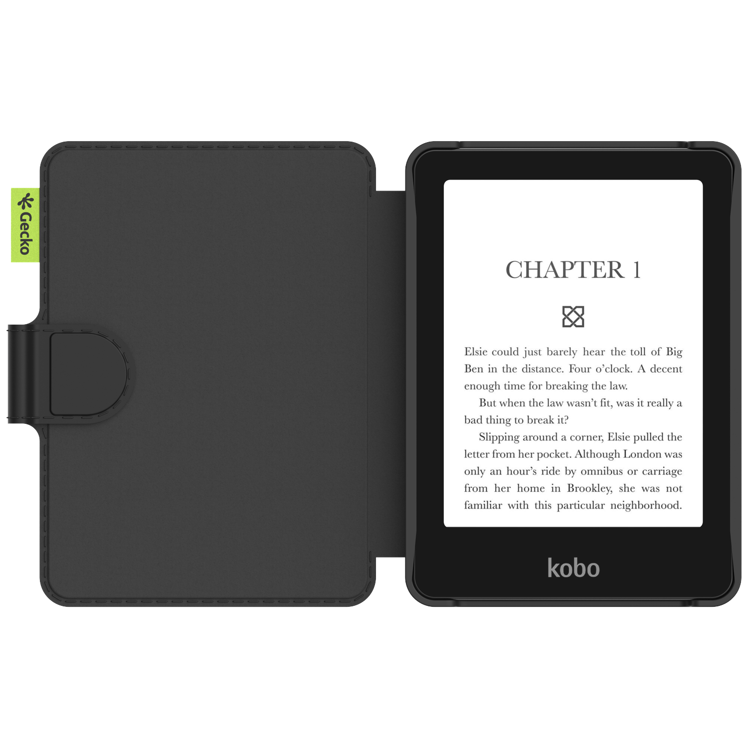 An open Kobo e-reader with a black case displays text. The case is open, revealing the screen. The book says 'CHAPTER 1'.