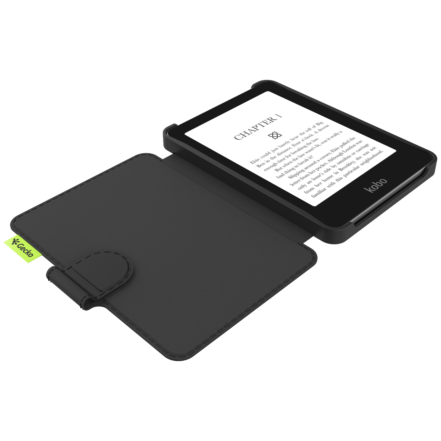 An open black e-reader with text on its screen, next to a black cover. The cover has a green Gecko tag.