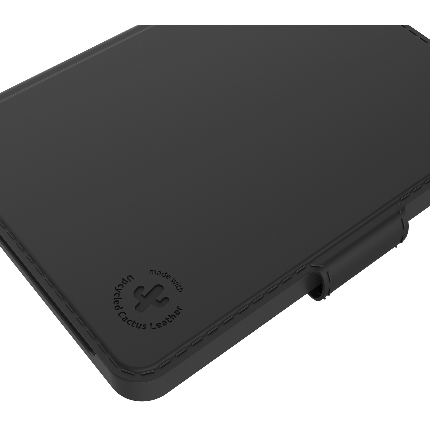 A black tablet case made of upcycled cactus leather is shown. The case is rectangular and has a stitched border.