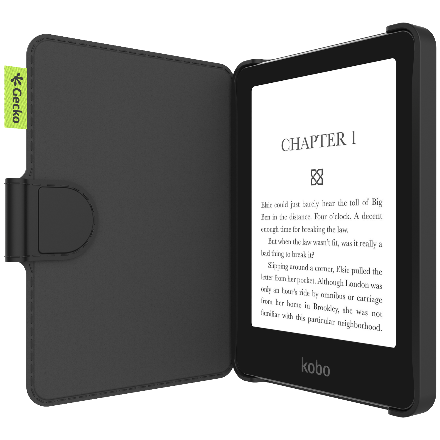 An e-reader with a black cover, displaying text. The cover is open, revealing the screen and the Gecko logo.