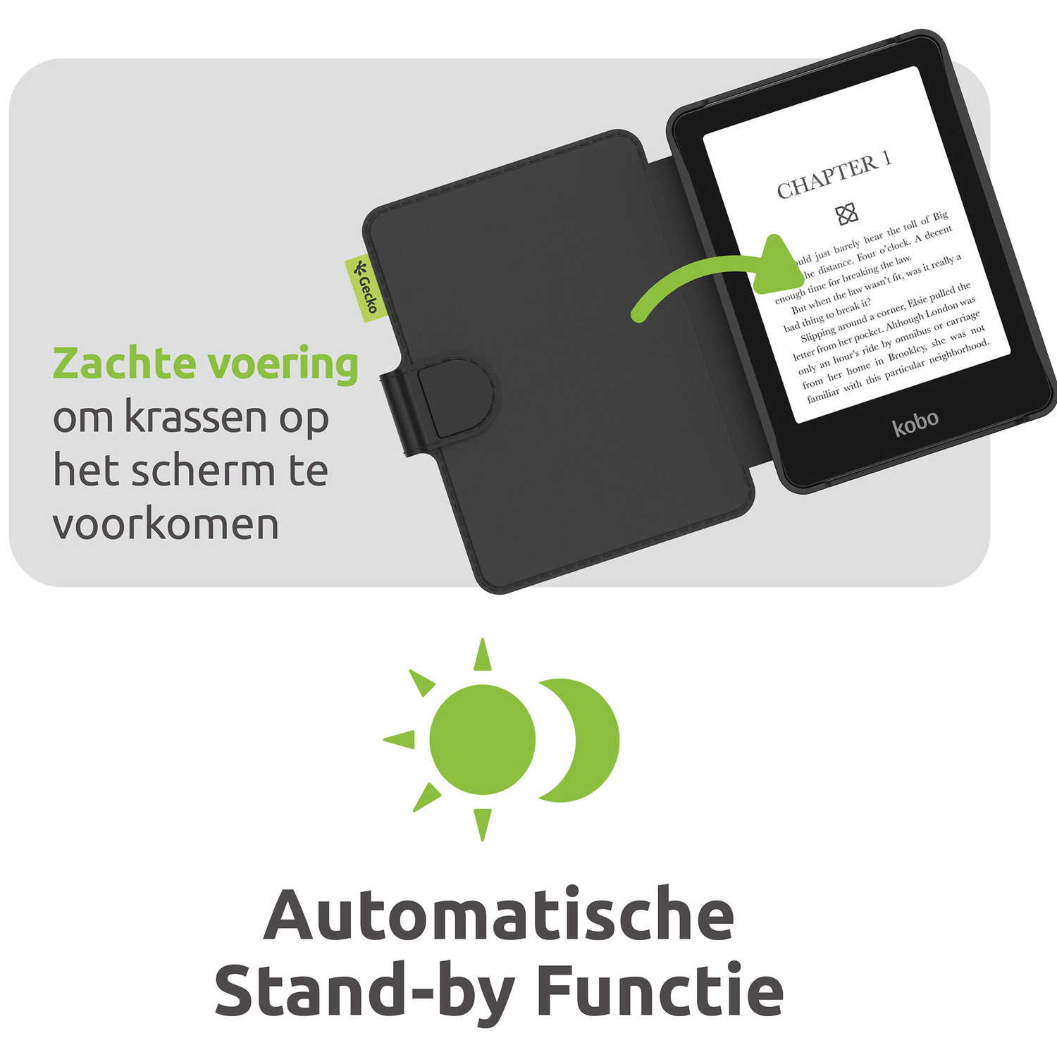 An e-reader with a protective cover. Text in Dutch says 'Soft lining to prevent scratches'. Includes sun and moon icon.
