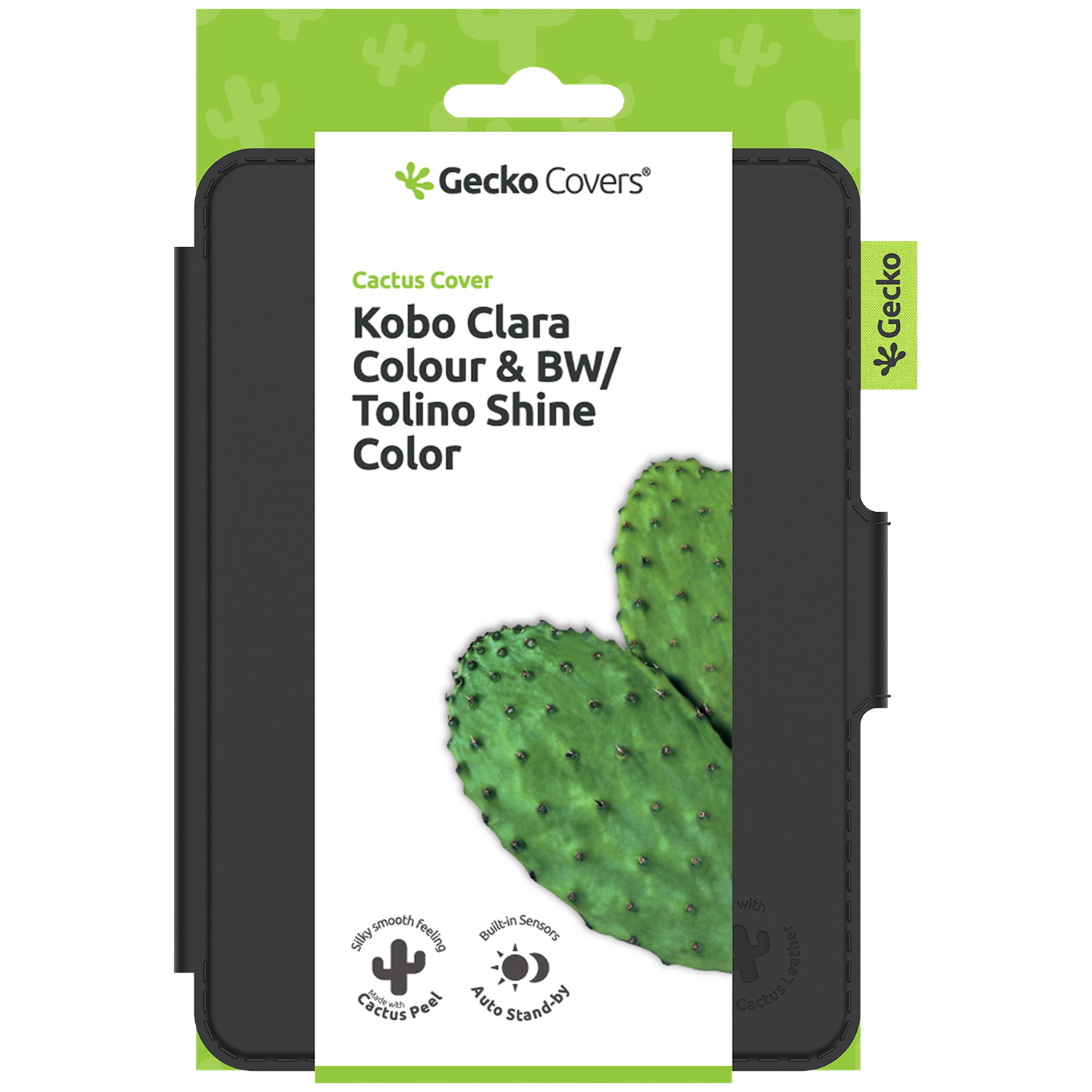 A black Kobo Clara cover with a green cactus design. It is in a green and white package. The Gecko logo is visible.