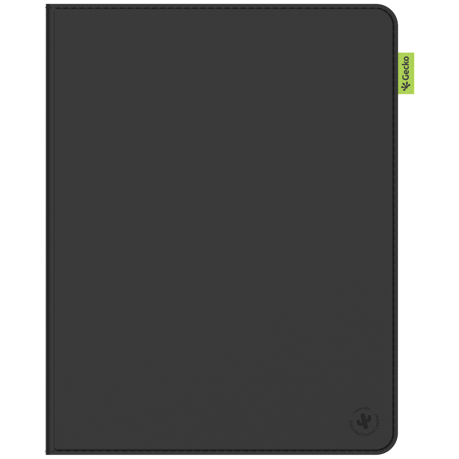 A dark gray tablet case with a green Gecko tag. It's made from upcycled cactus leather.