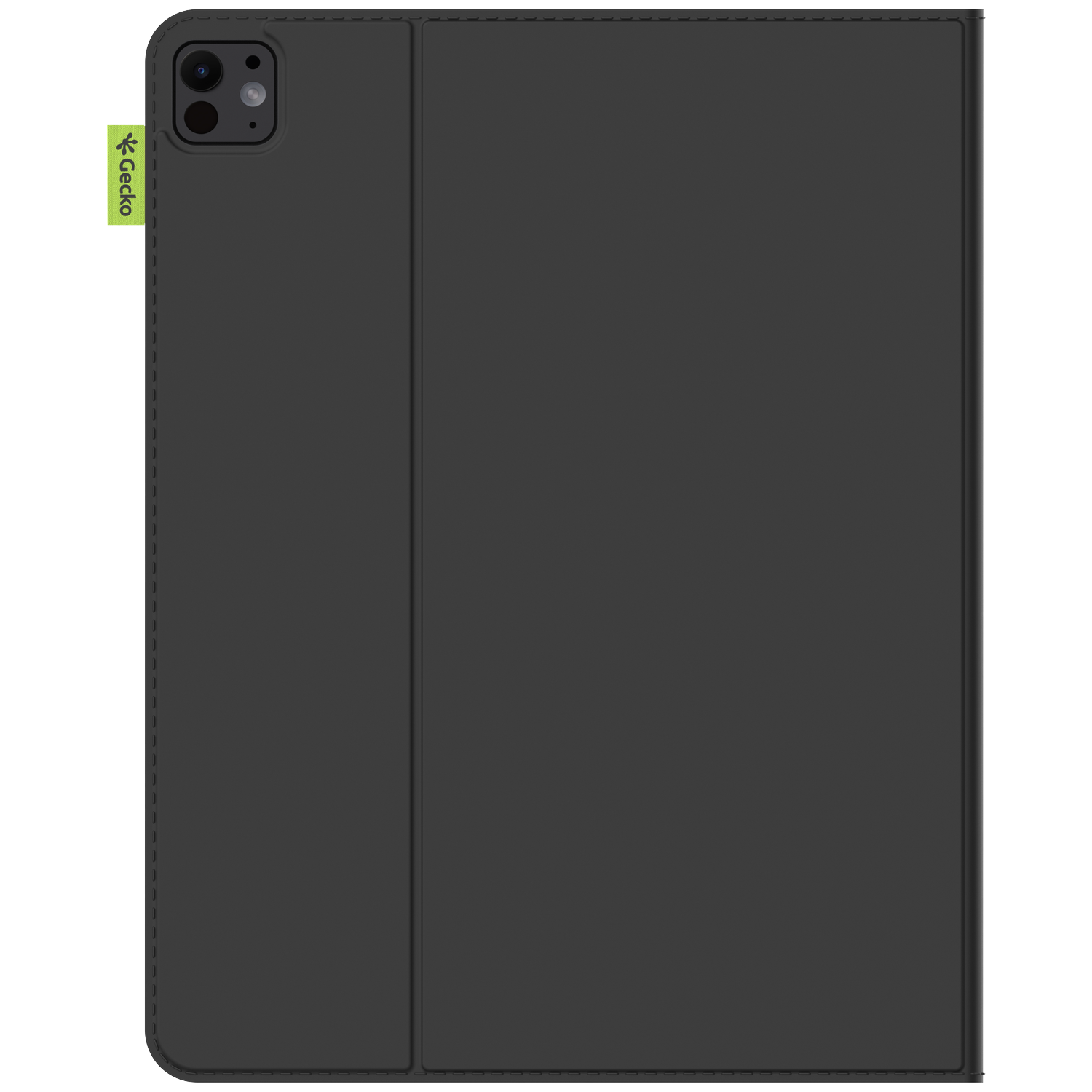 A black iPad case with a folding cover. The case has a camera cutout and a green Gecko logo. The background is white.