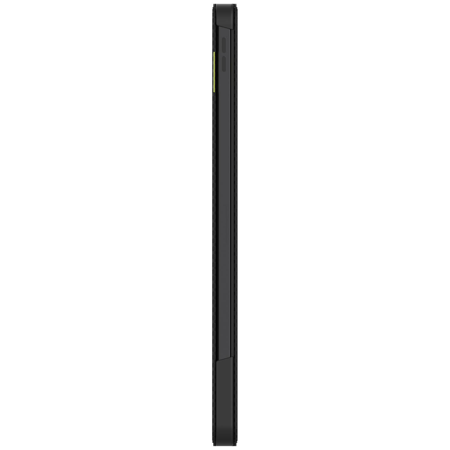 A black smartphone is shown in profile, with a textured back and yellow accents on the side. The screen is not visible.