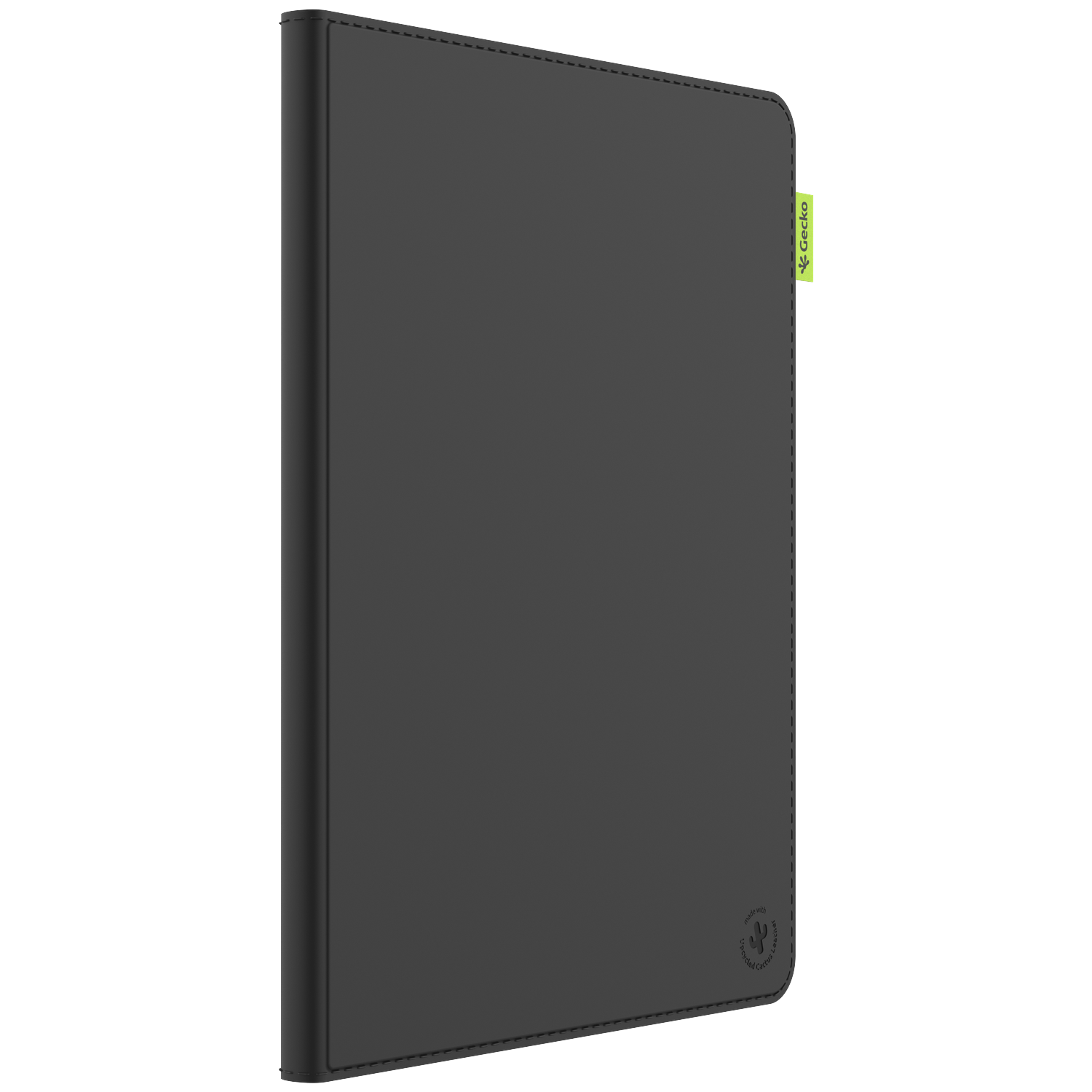 A black tablet case with a green Gecko tag. The case is closed and made of a smooth material. Stitched edges.