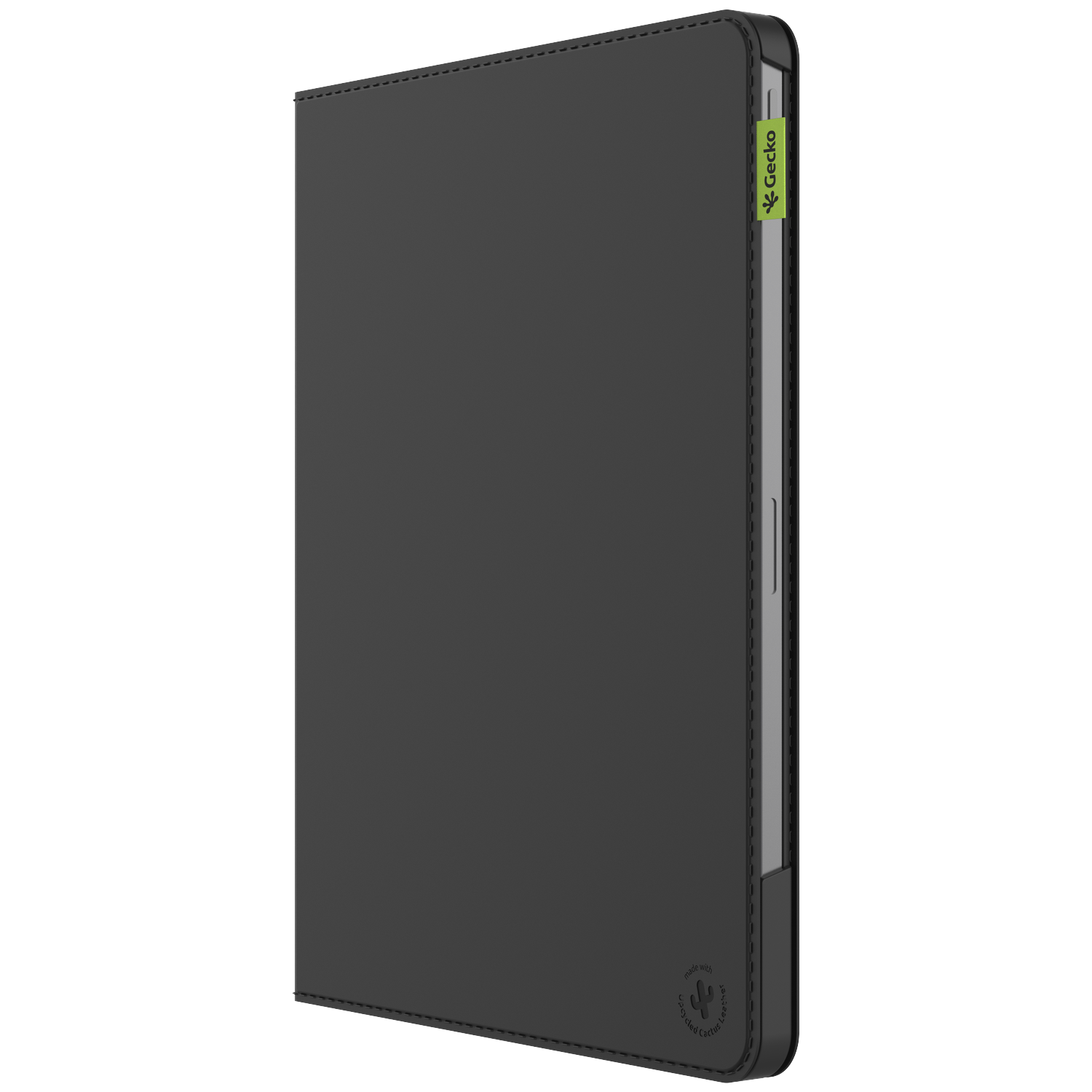 A dark grey tablet case. The case has a stitched border and a green Gecko label. The bottom right corner shows a logo.
