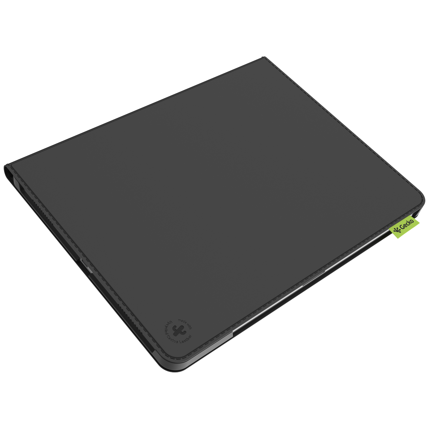 A closed, dark gray tablet case with a green Gecko tag. The case has stitching and a logo that says 'made with cactus leather'.