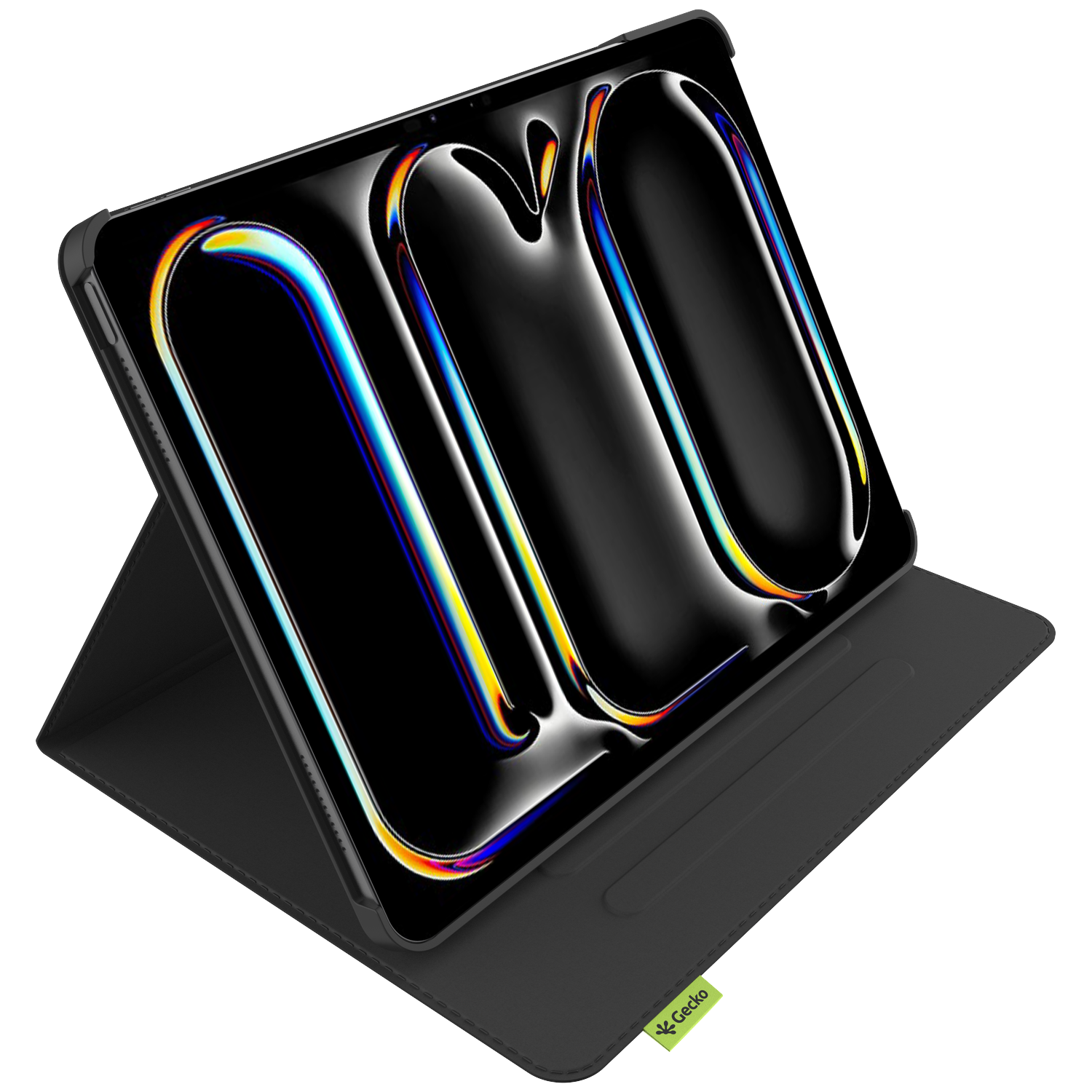 A black tablet is propped up in a black case. The screen shows a colorful, abstract design. The case has a green Gecko logo.