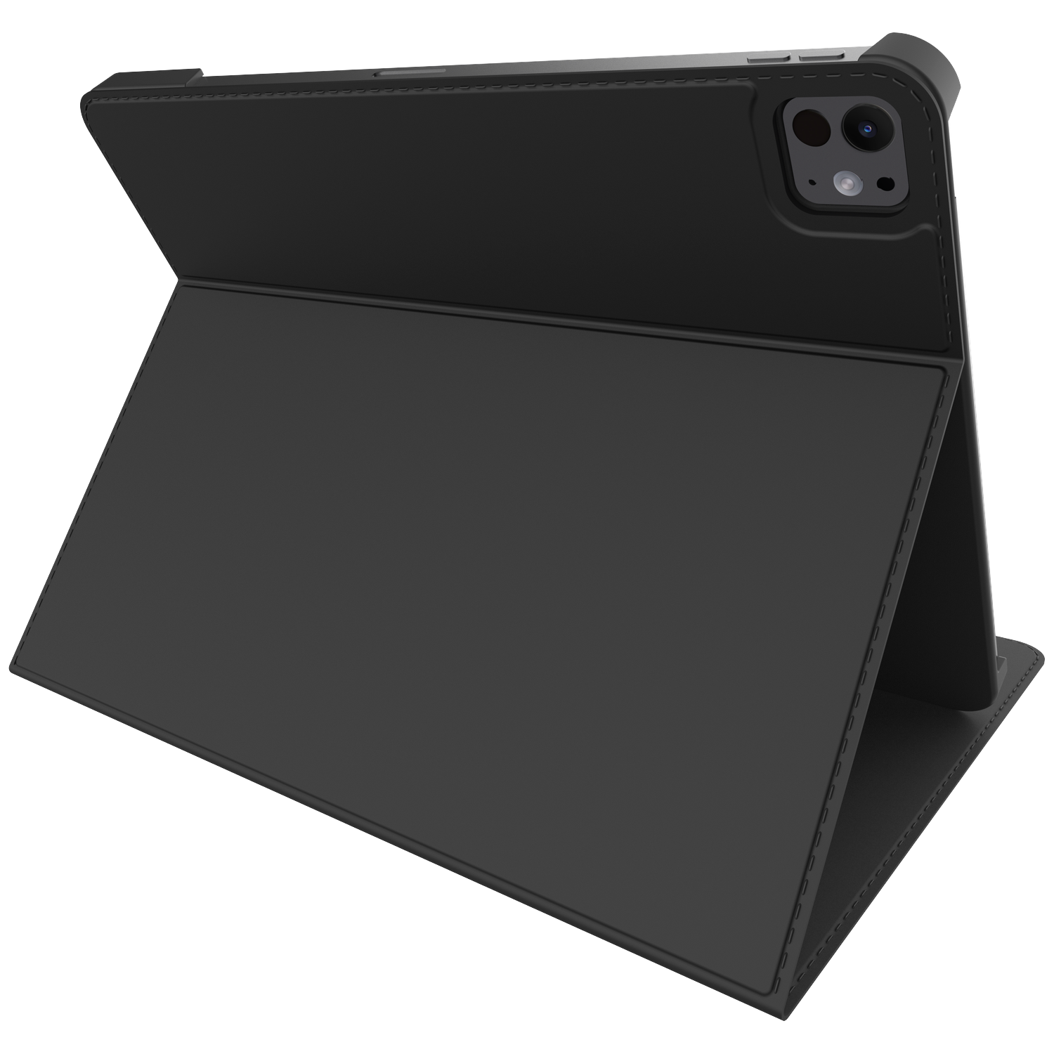 A black tablet case, open and angled. The case is made of a soft material. The tablet's camera is visible on the back.