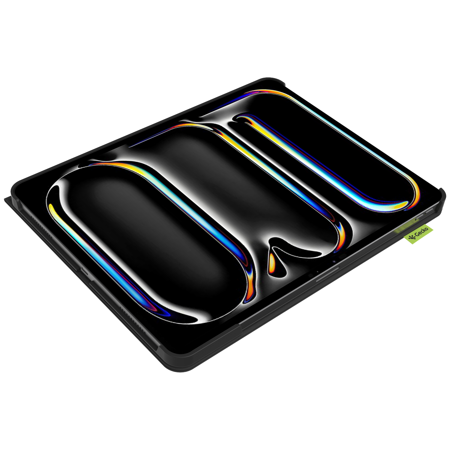 A black tablet with a curved design displays rainbow reflections. The tablet is in a black case with a green Gecko tag.