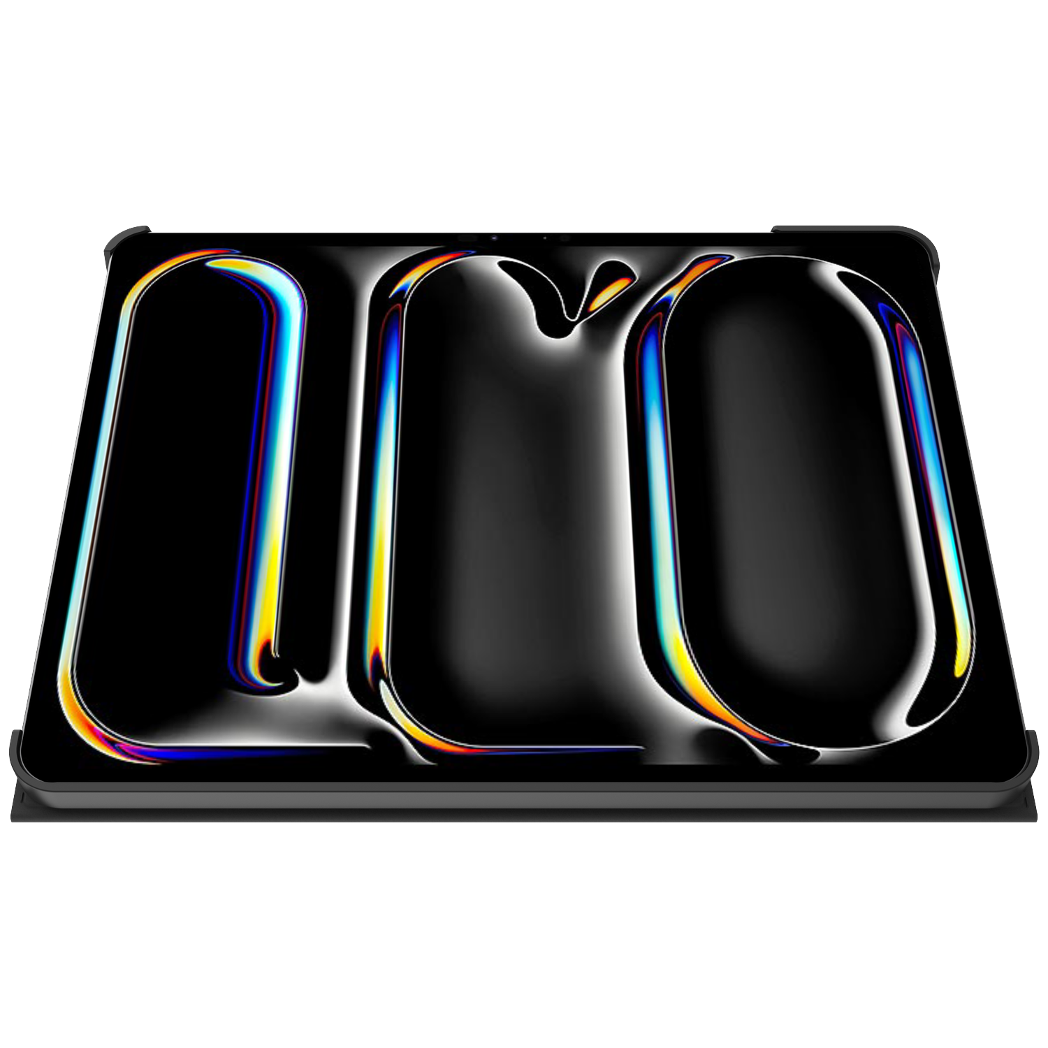 A black tablet shows a distorted reflection of rainbow colors. Edges are rounded, and the background is white.