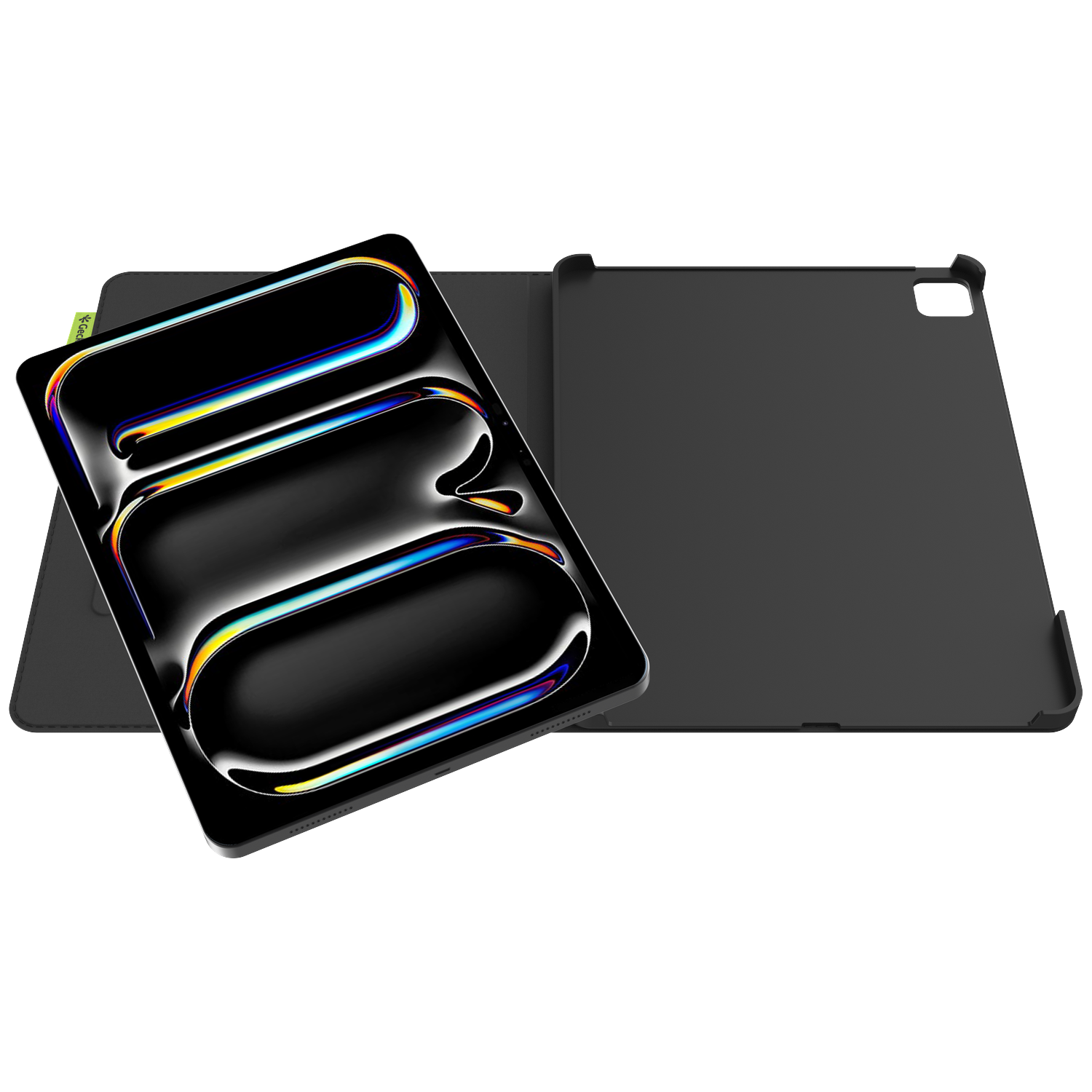 An iPad in a black case, displaying a reflective abstract design. The case is open, revealing the tablet and its cover.