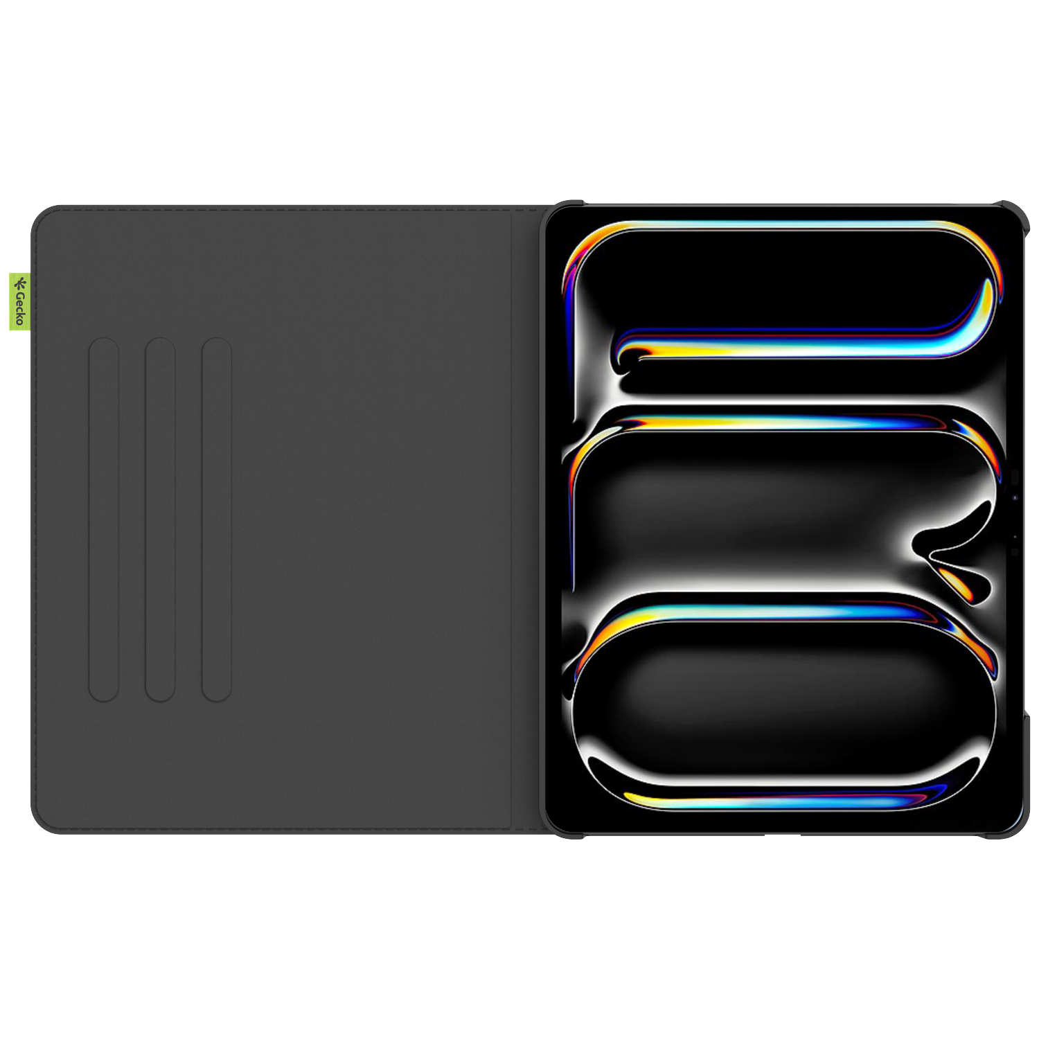 Tablet in a black case, with the screen displaying colorful abstract shapes. Case open, showing the tablet and the cover.