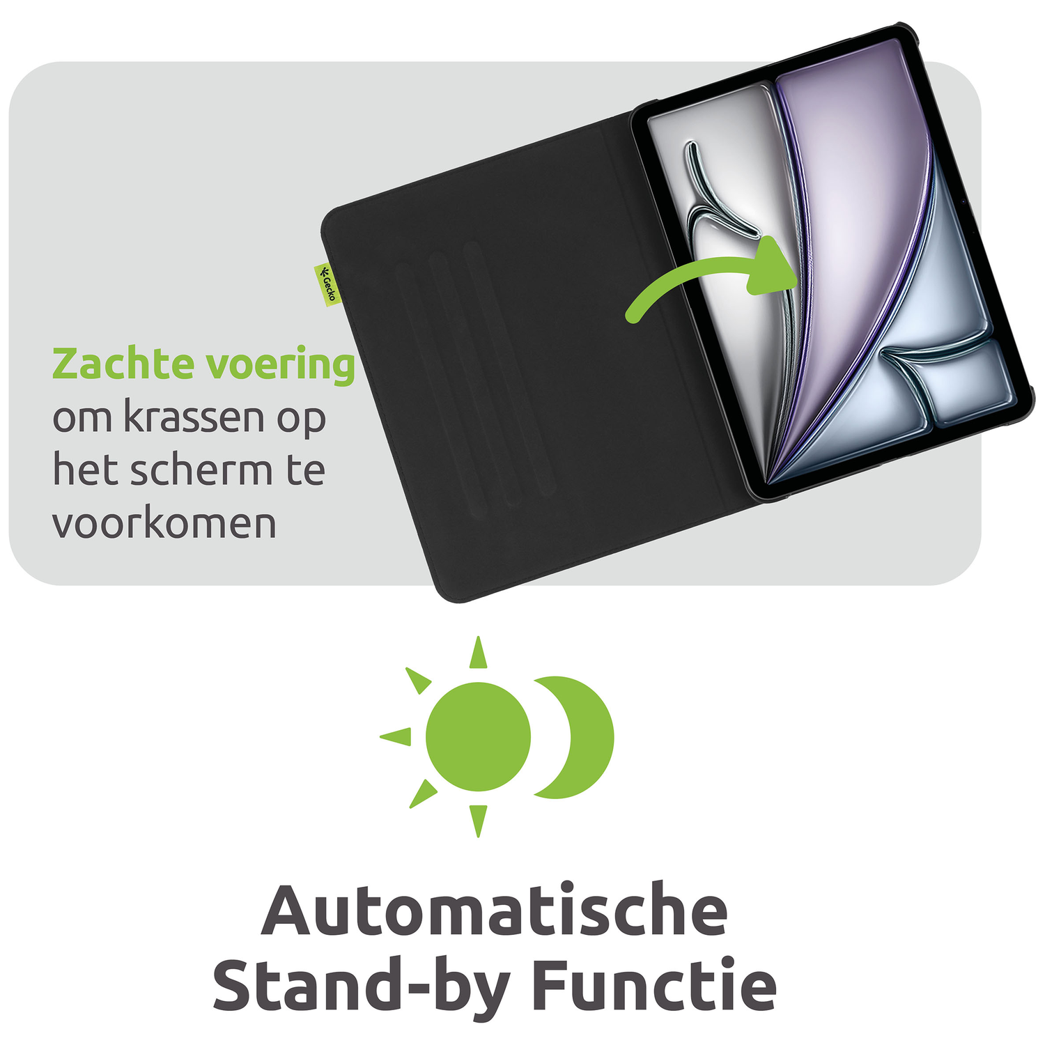 Black tablet case with a tablet inside. An arrow shows the screen opening. Text mentions soft lining to prevent scratches and stand-by function.
