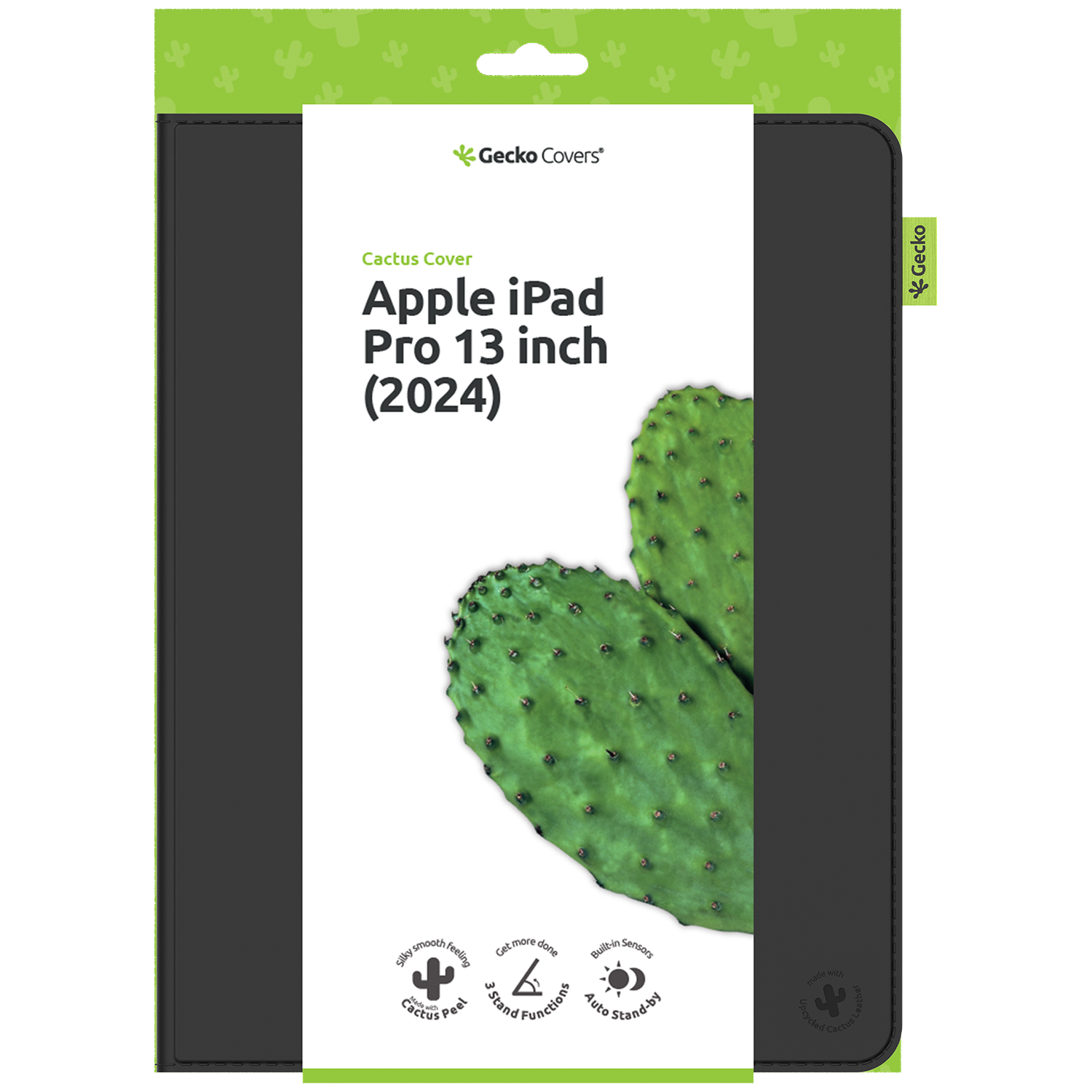 Black iPad case with a cactus design, the packaging mentions 'Apple iPad Pro 13 inch (2024)' and 'Gecko Covers'.