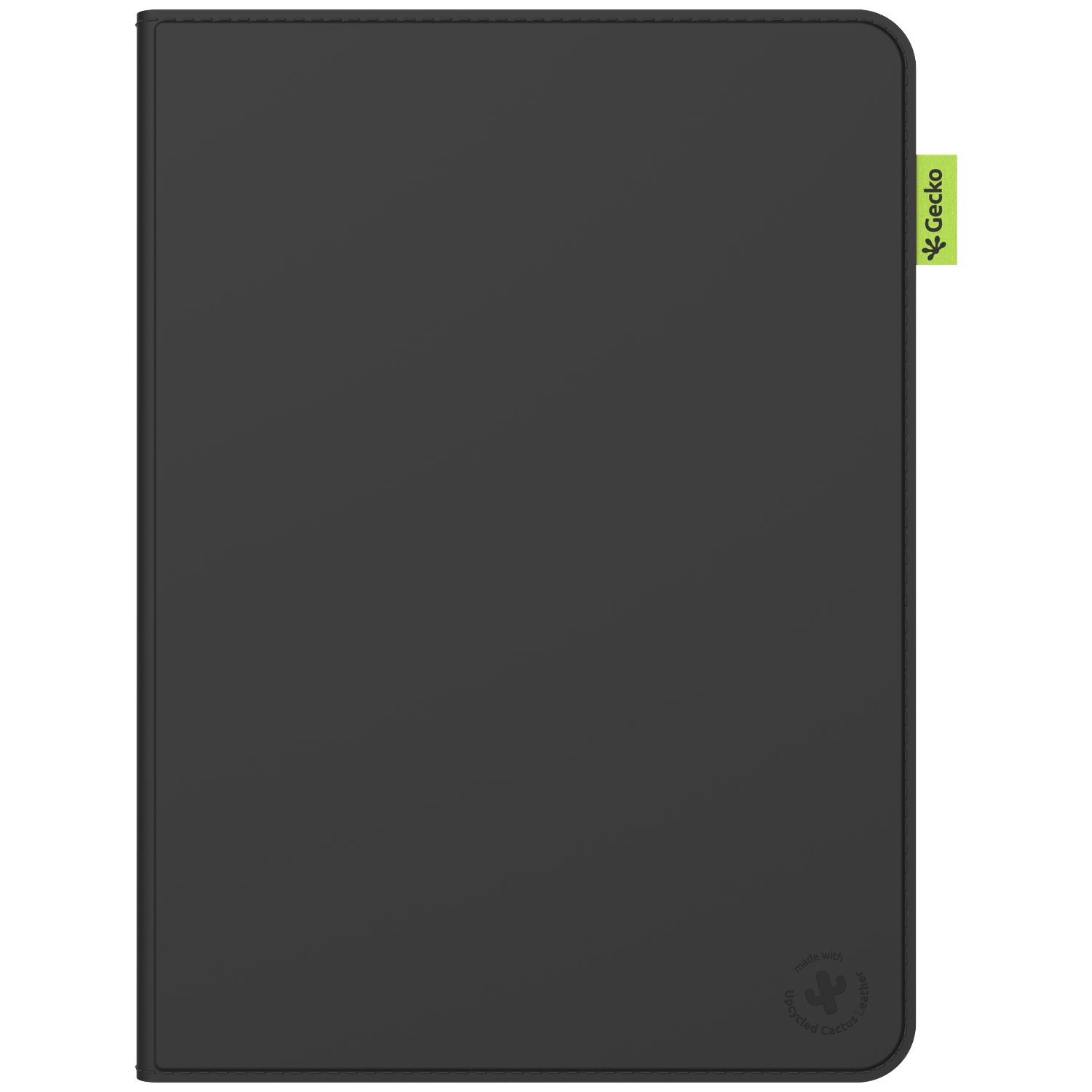 A dark gray tablet case with a green Gecko tag on the side. The bottom right corner has a logo that says 'Upcycled Cactus Leather'.