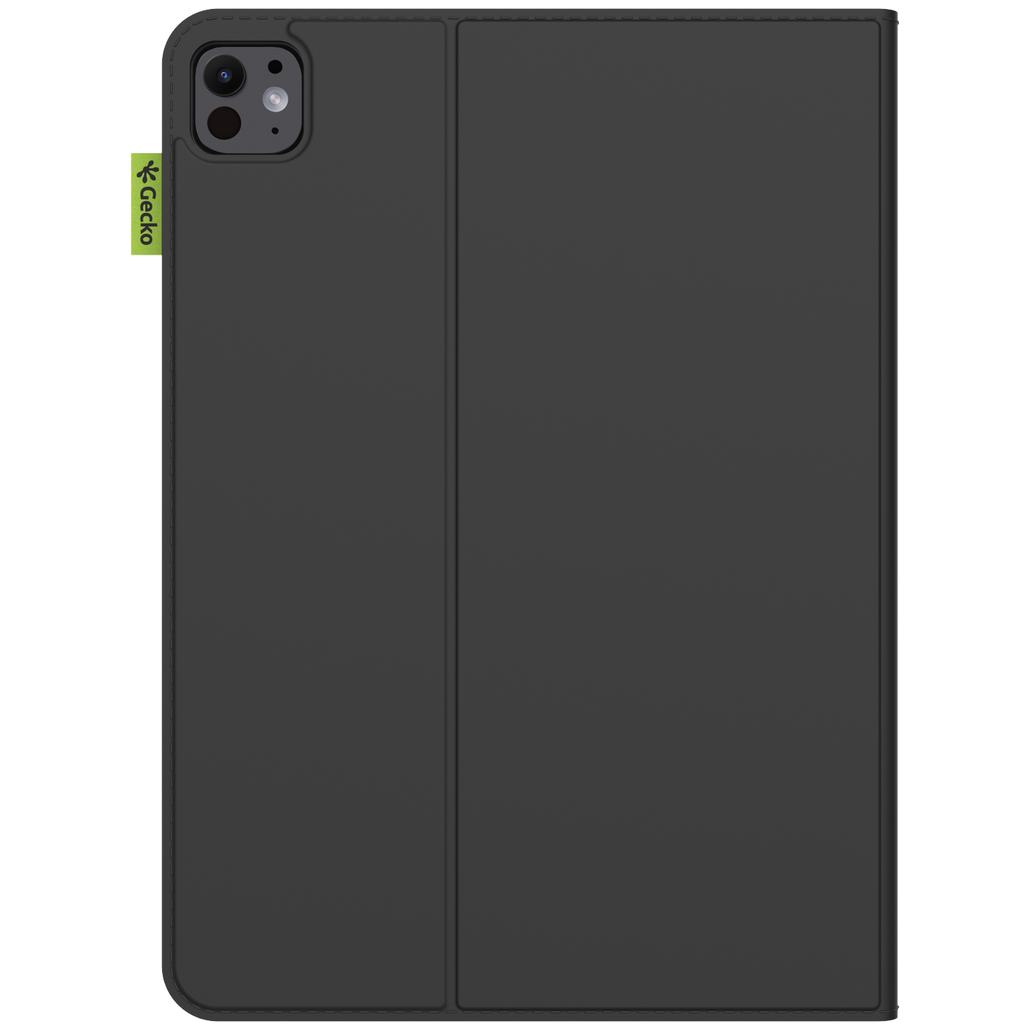 Black tablet case with camera cutout and green Gecko tag. The case is closed, showing two panels and a rounded top edge.