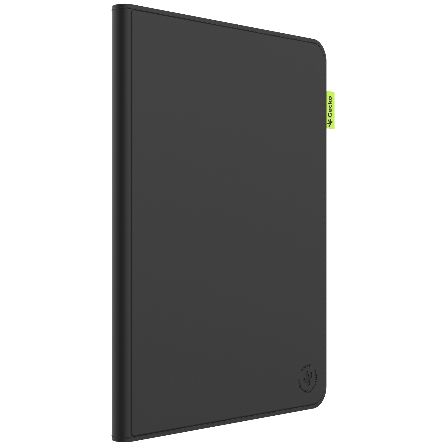 A black folio case with a green Gecko tag. The case is for a tablet, made from upcycled cactus leather.