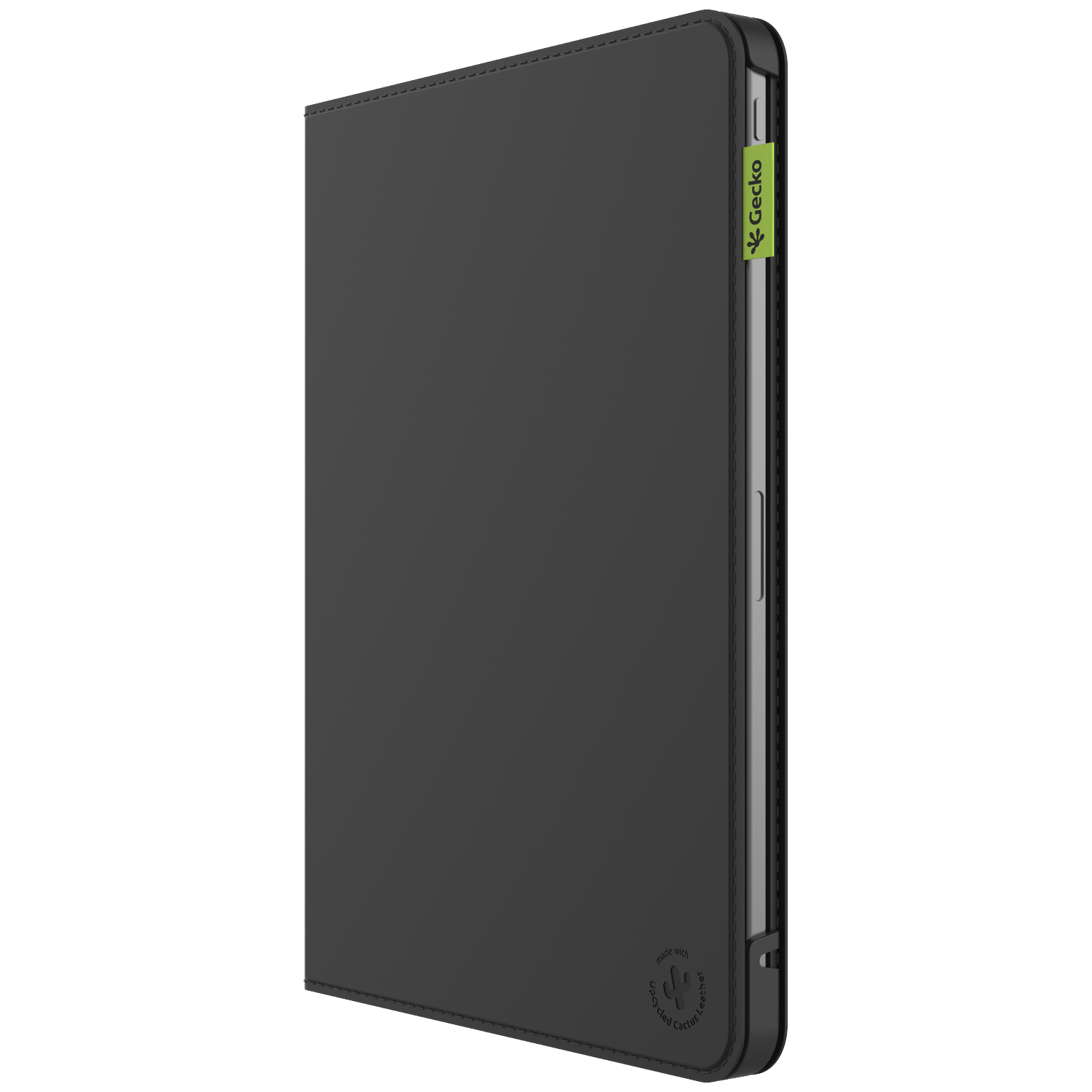 A black tablet case with a Gecko logo. The case is made with upcycled cactus leather. It is slightly open, showing the tablet inside.