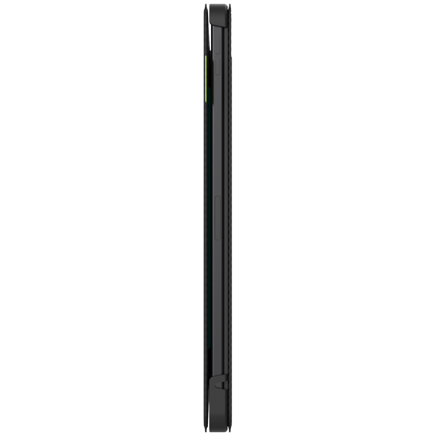A side view of a black phone case with a green accent. The case is vertical and slightly textured.