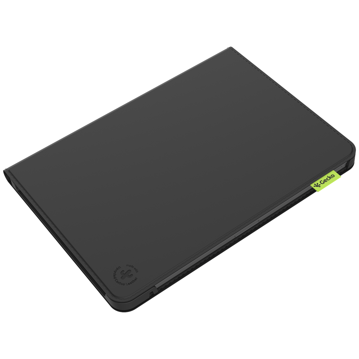 A black tablet case with a green Gecko logo. The case is made of cactus leather and has a stitched border.