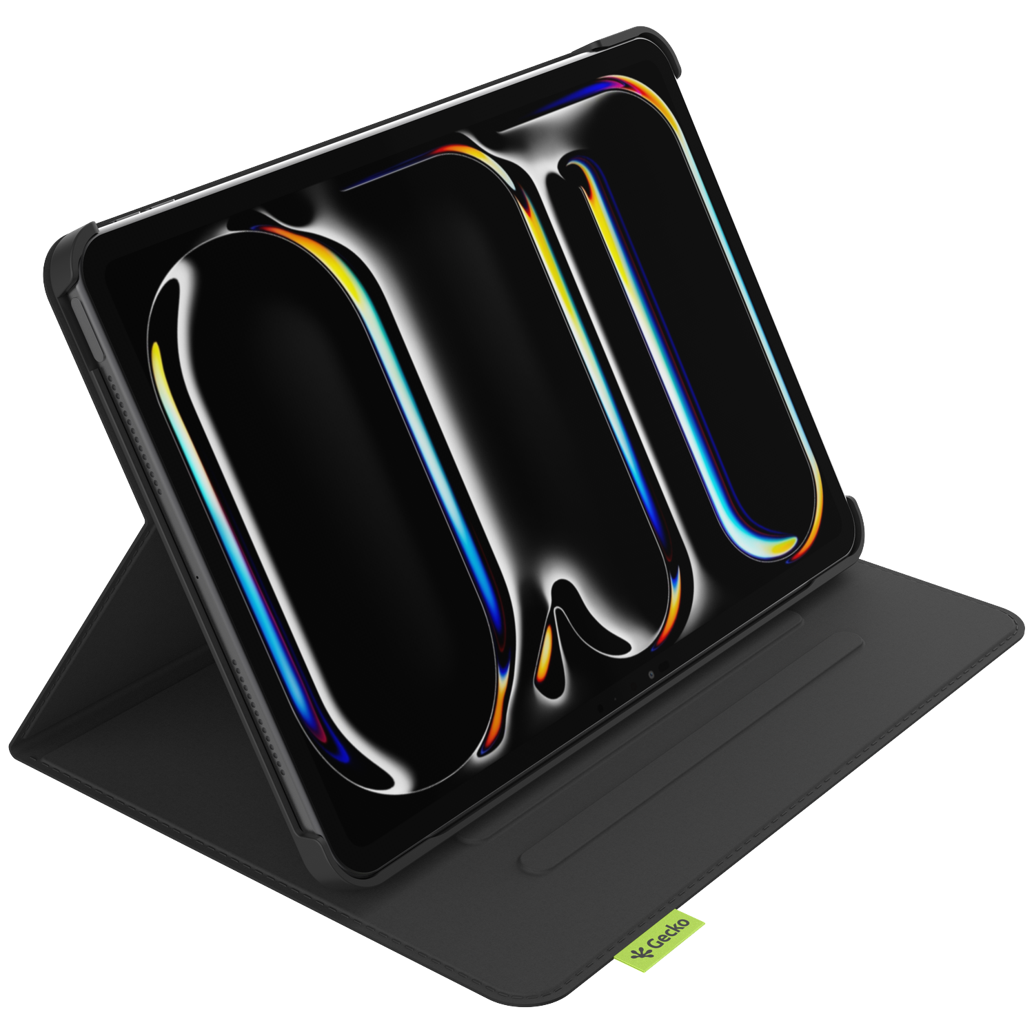 Black tablet in a black case, propped up. The screen shows an abstract design with colorful streaks, and the case has a Gecko tag.