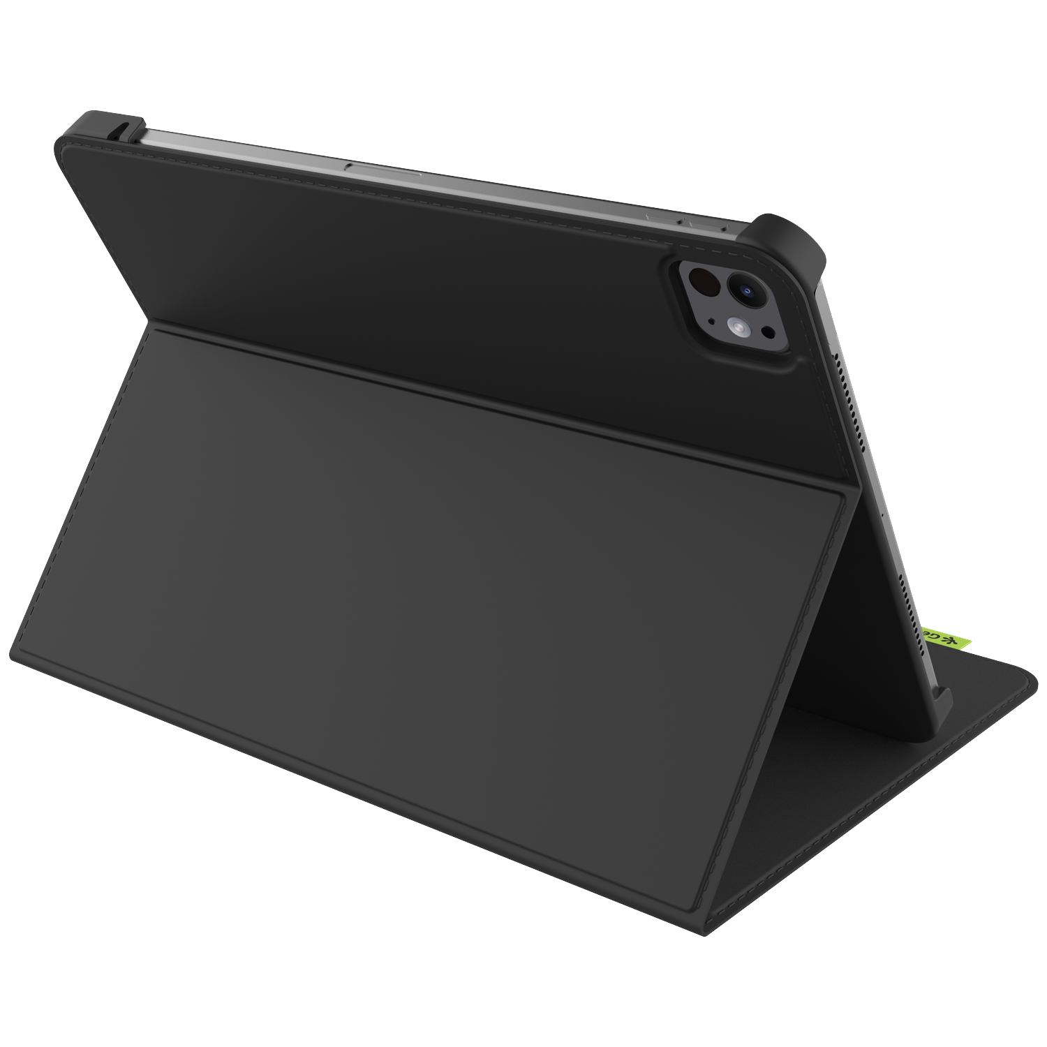 Black tablet with a black cover, propped up. Cover has a folding design. Green label on the cover.
