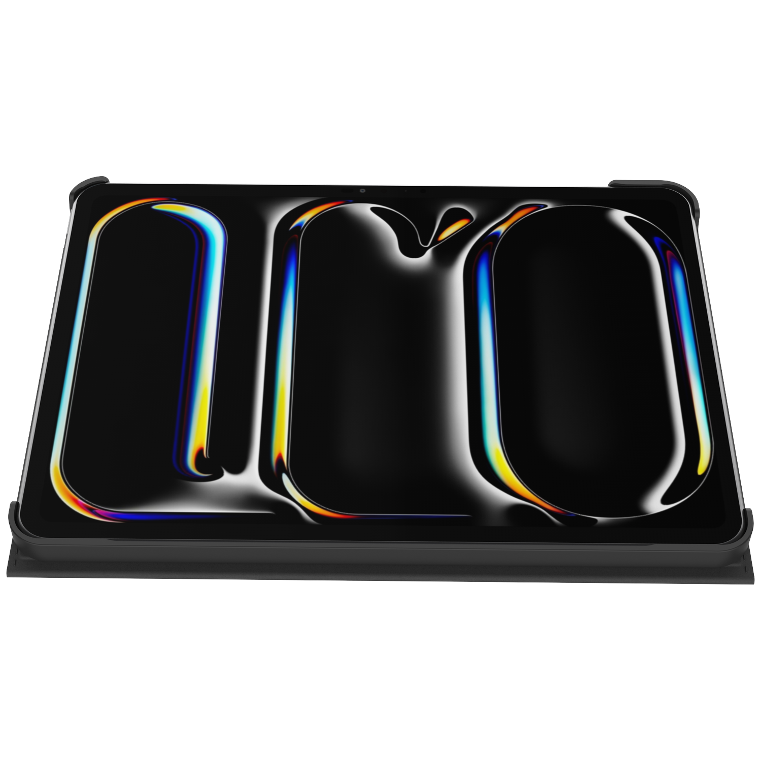 A black rectangular object with three curved, glossy sections. Rainbow-colored reflections appear on the edges of the curves.