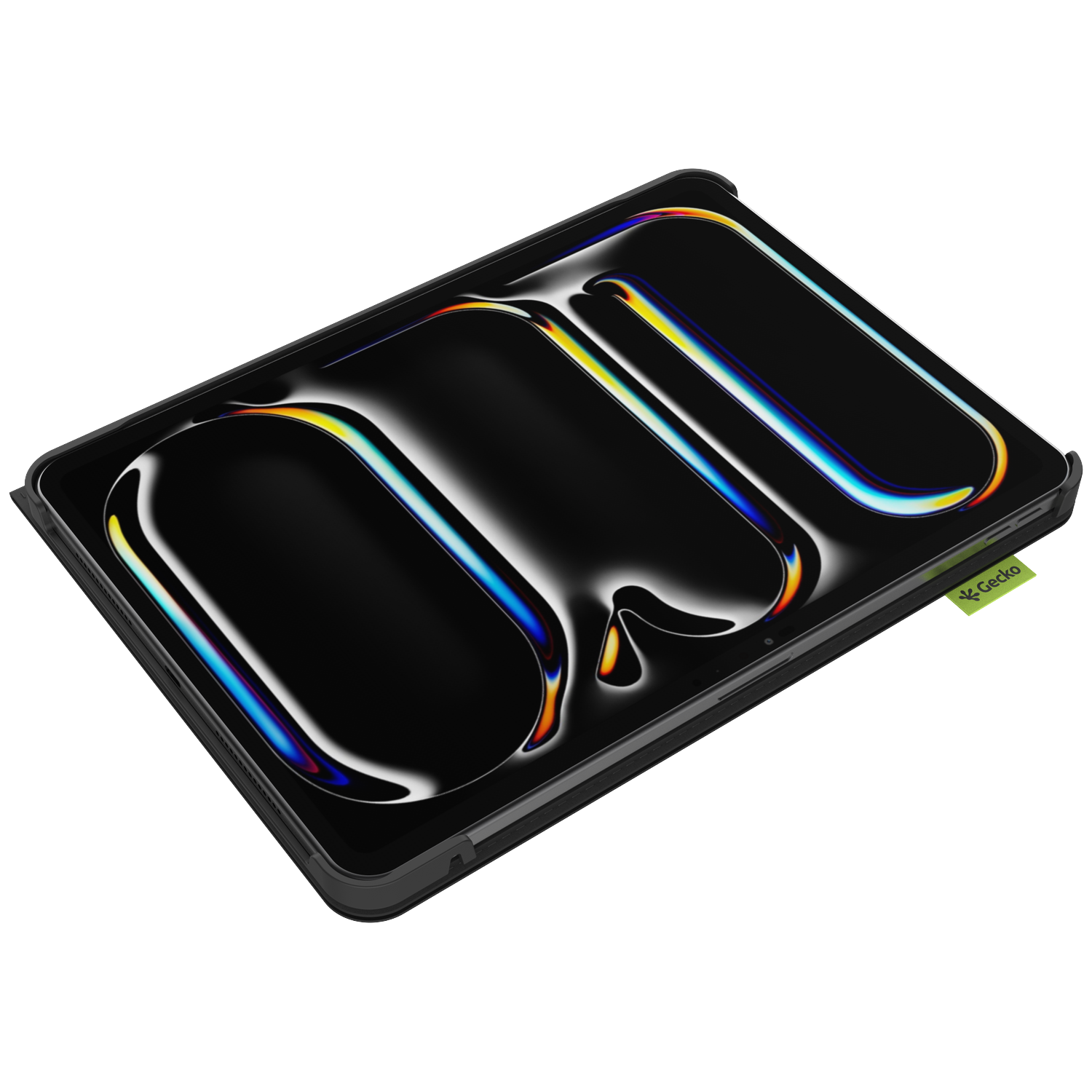 A tablet in a black case with a glossy screen, reflecting colorful light. A green Gecko tag is attached on the side.