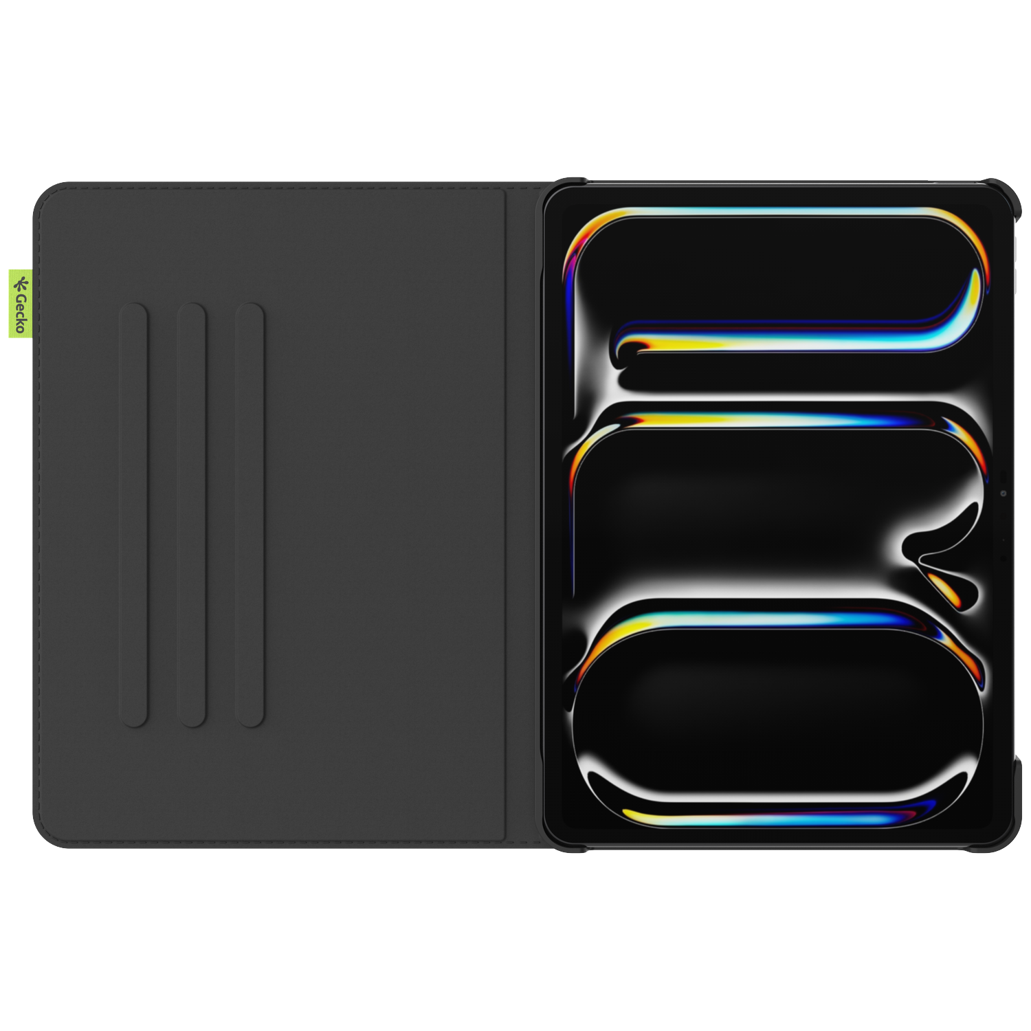 Black tablet in a case. The screen has colorful curved shapes. The case is open, showing slots for cards.