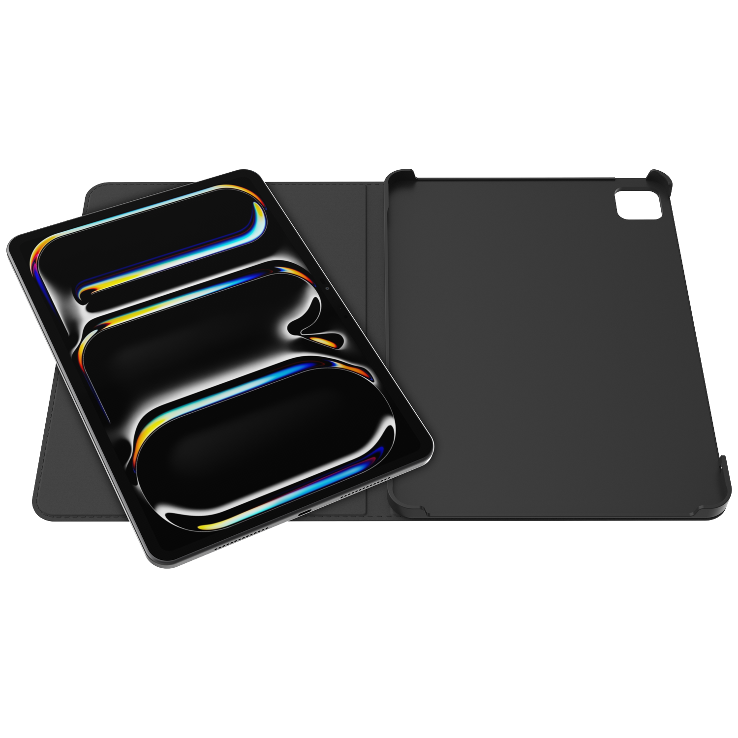 An open black tablet case with a tablet inside. The tablet screen is black with colorful light reflections.