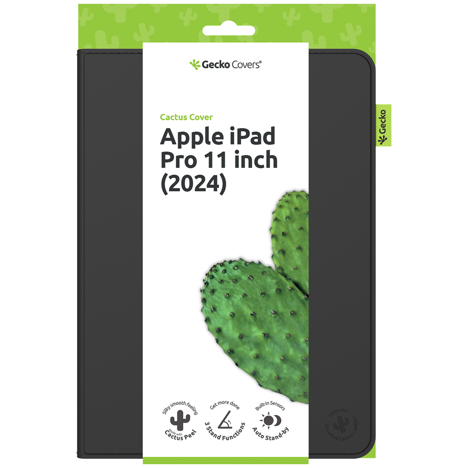 A black iPad Pro 11 inch (2024) cover in packaging. A cactus is on the cover. Gecko Covers logo is visible.
