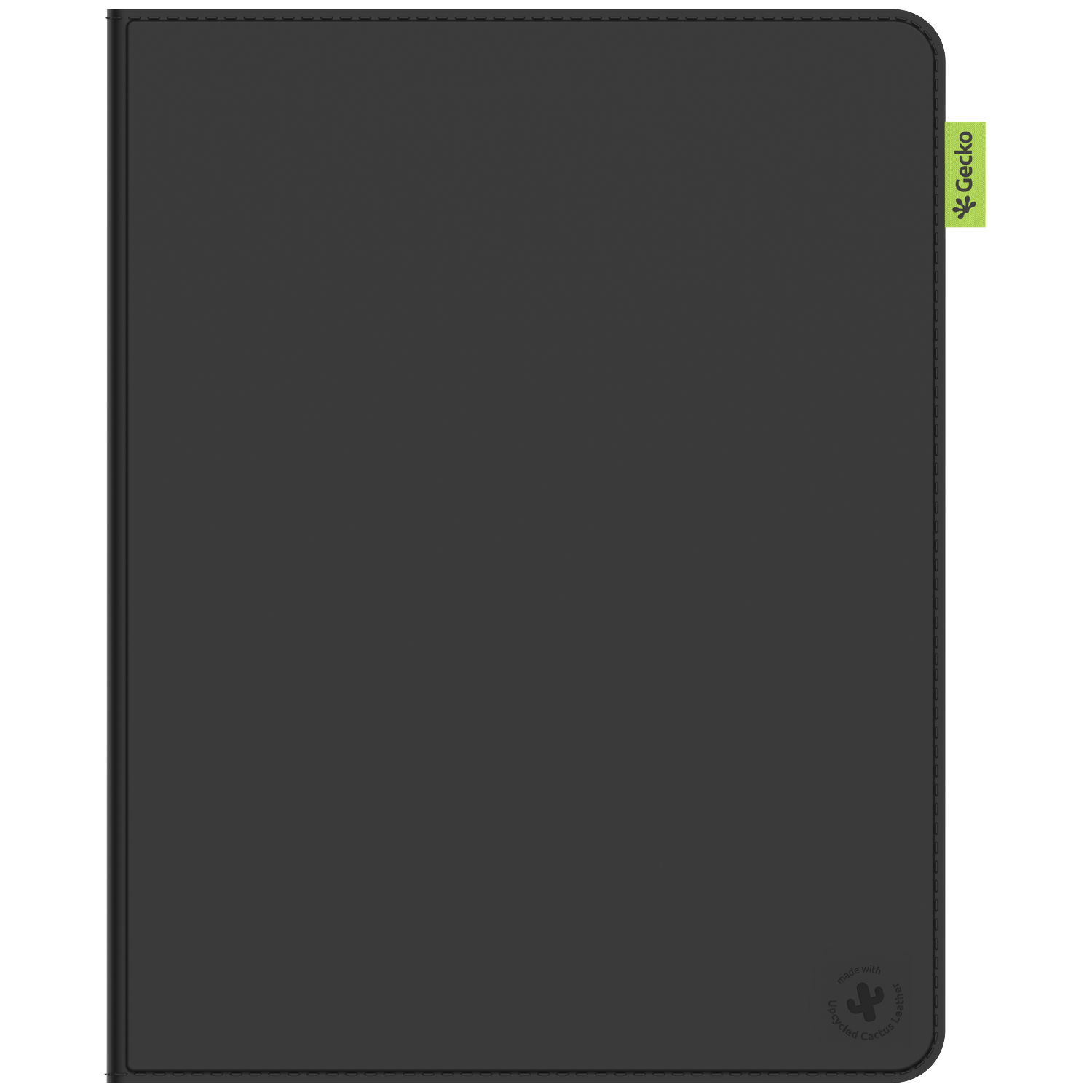 A dark gray tablet case. It has a green Gecko tag and a 'Recycled Cactus Leather' logo at the bottom.