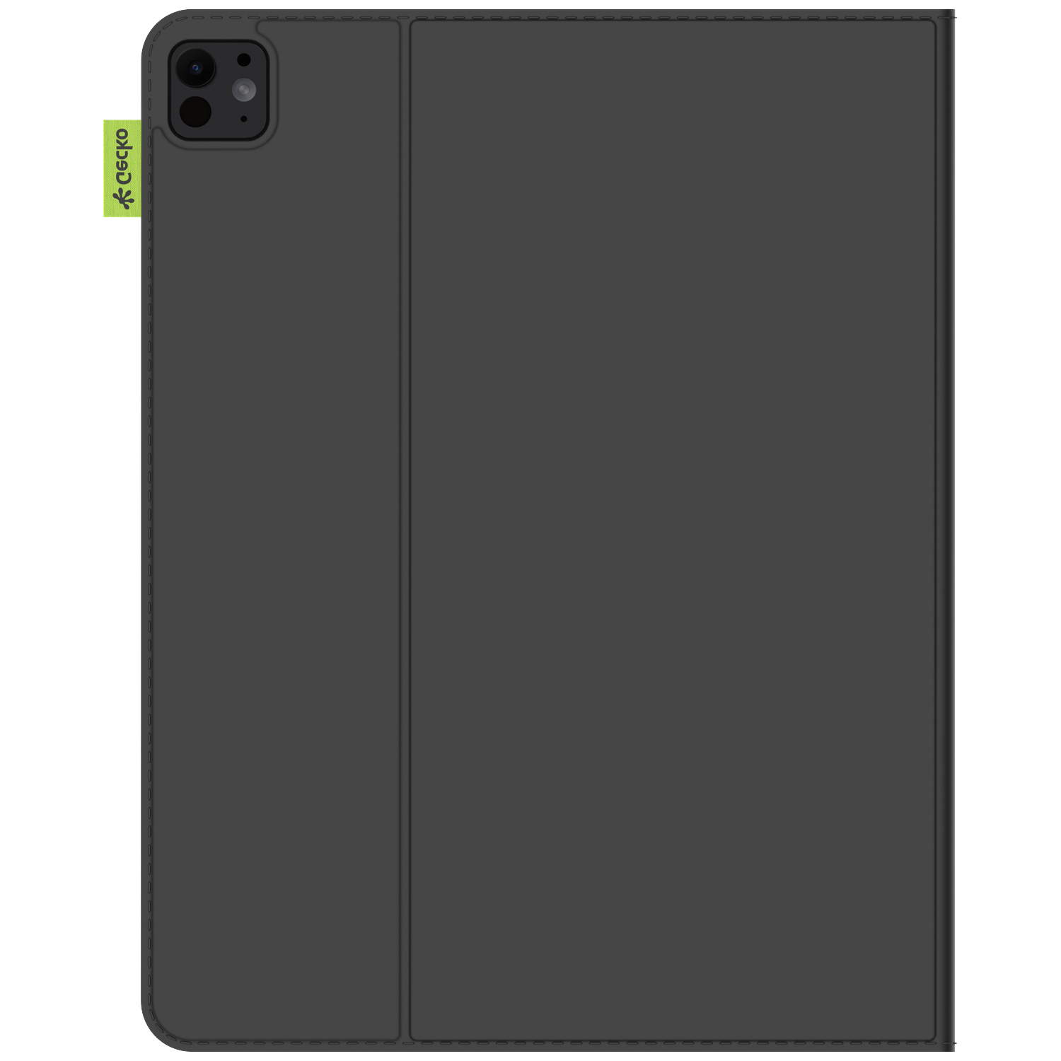 A dark gray tablet case with a camera cutout. It has a green Gecko tag on the side. The case is closed and folded.