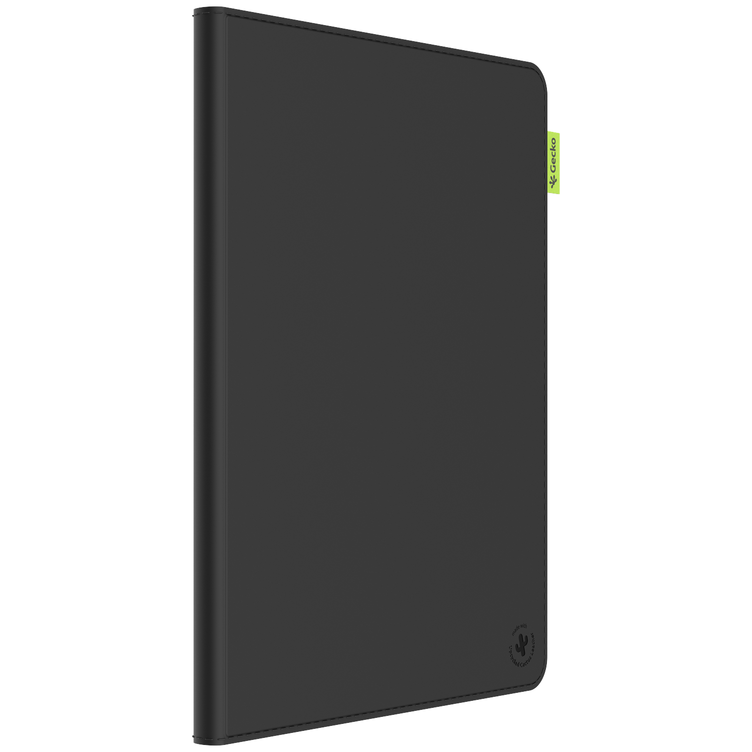 A black tablet case. It has a green Gecko tag. The cover is made of black material. The background is plain white.